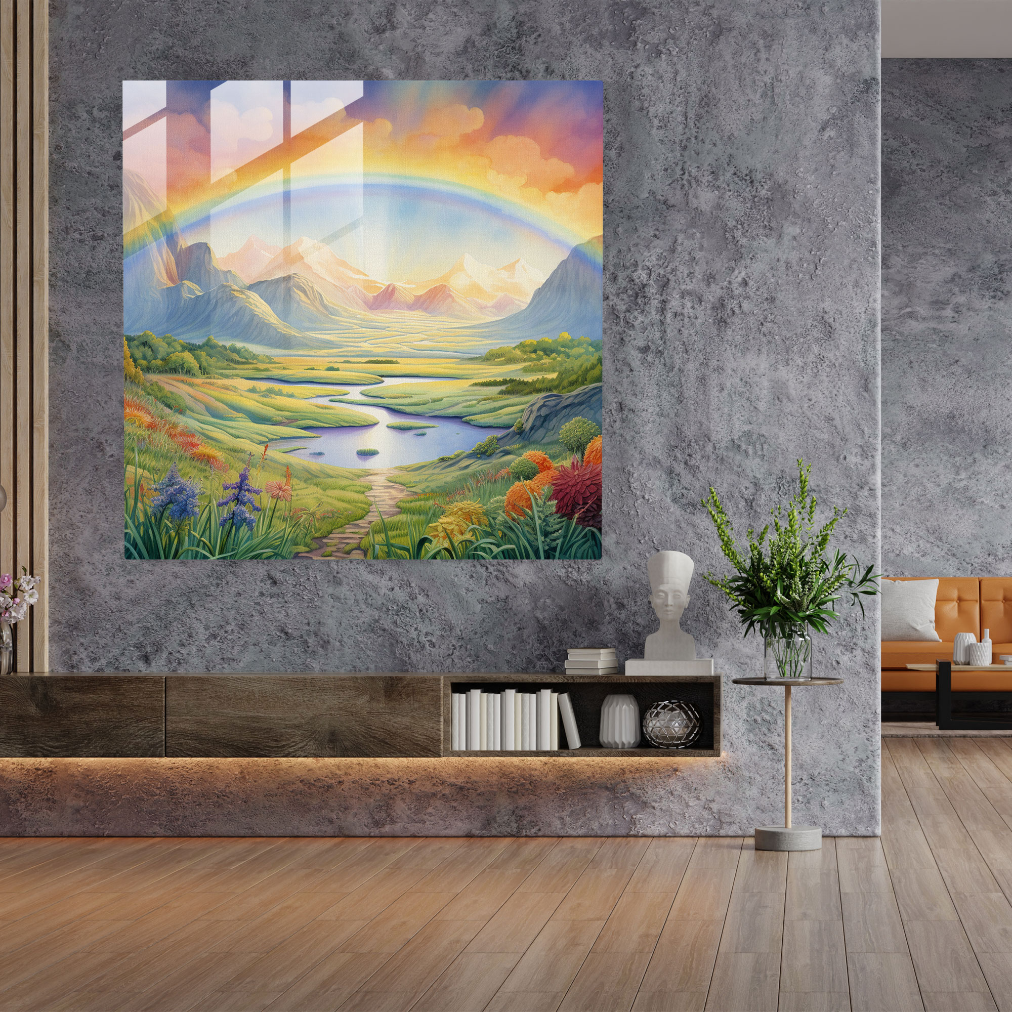 Rainbow Glass Print - Serene Landscape - Rainbow, Watercolor Landscape Painting, Glass Art, Wall Decoration