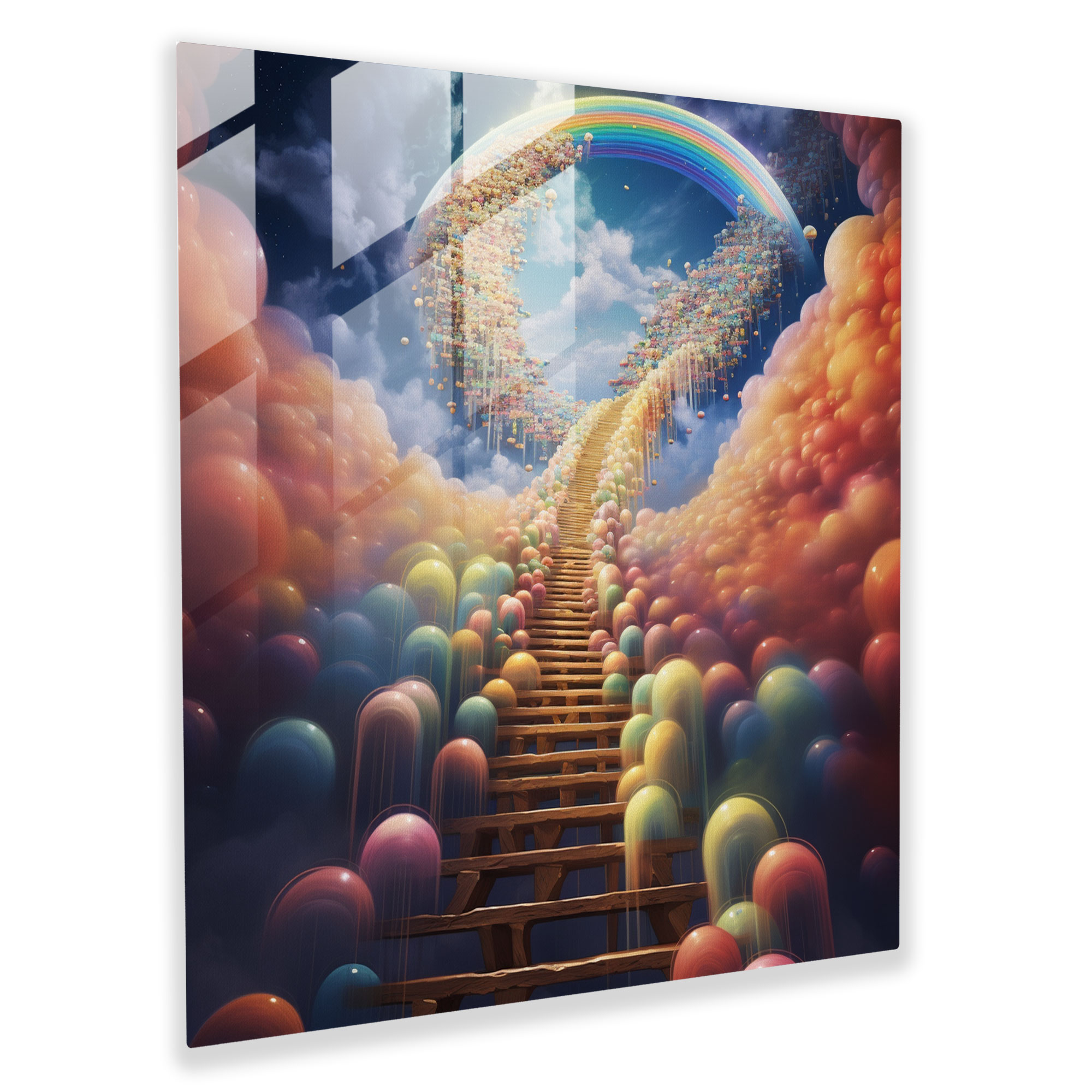 Rainbow Staircase Glass Print - Rainbow, Surreal Artwork, Floating Rainbow Staircase, Home Decoration