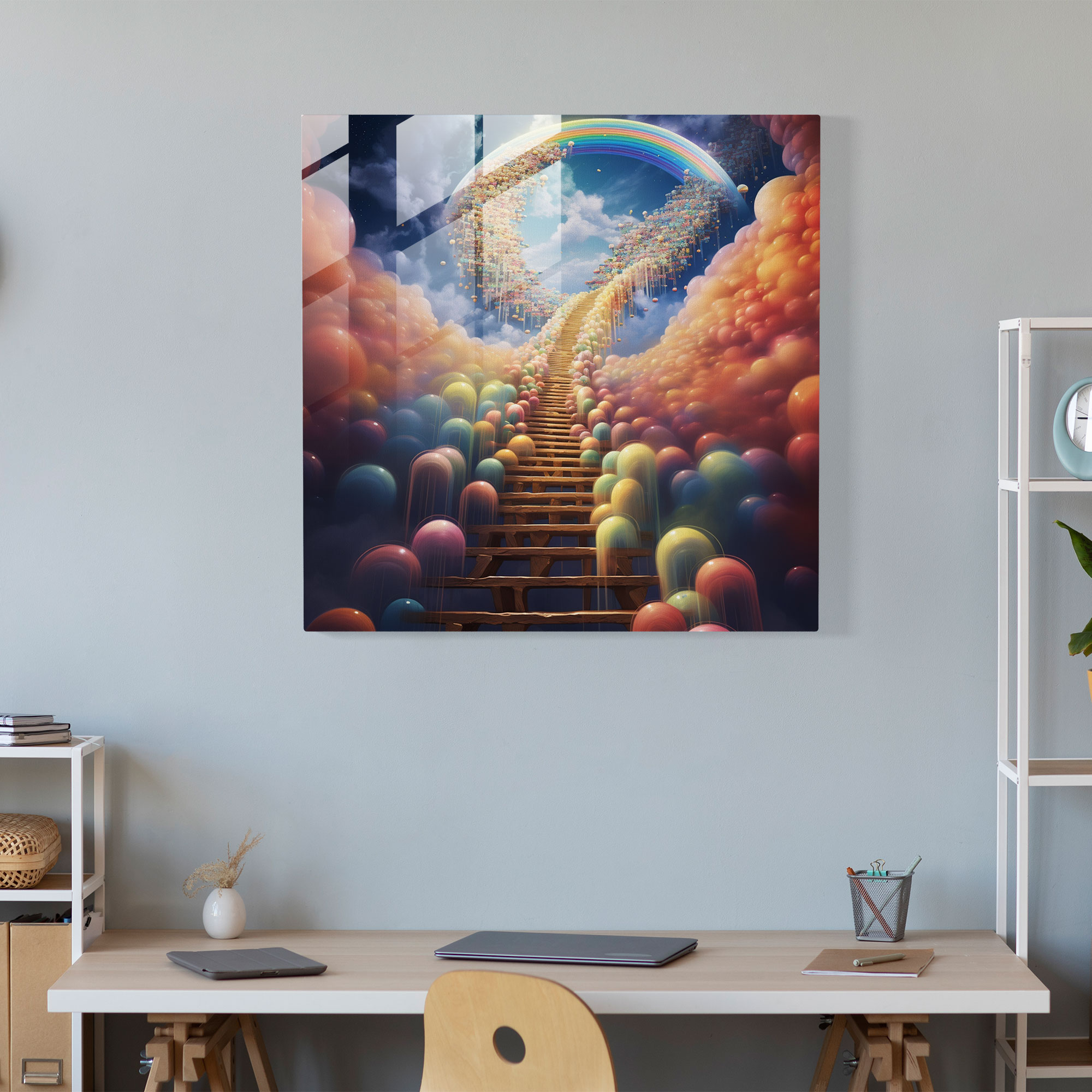Rainbow Staircase Glass Print - Rainbow, Surreal Artwork, Floating Rainbow Staircase, Home Decoration