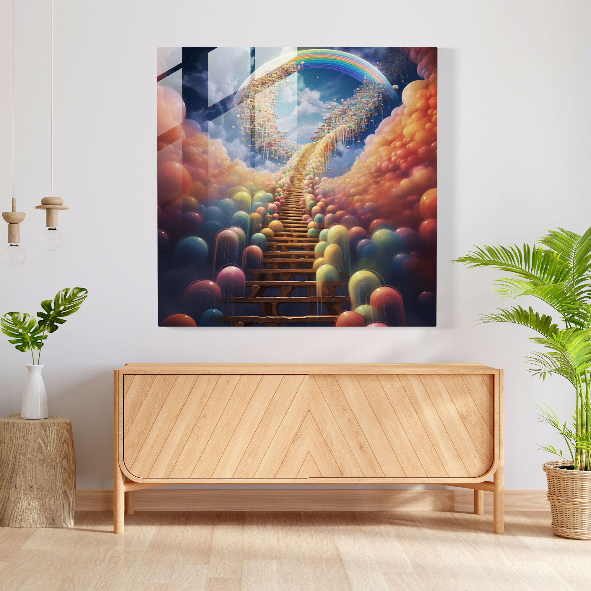 Rainbow Staircase Glass Print - Rainbow, Surreal Artwork, Floating Rainbow Staircase, Home Decoration