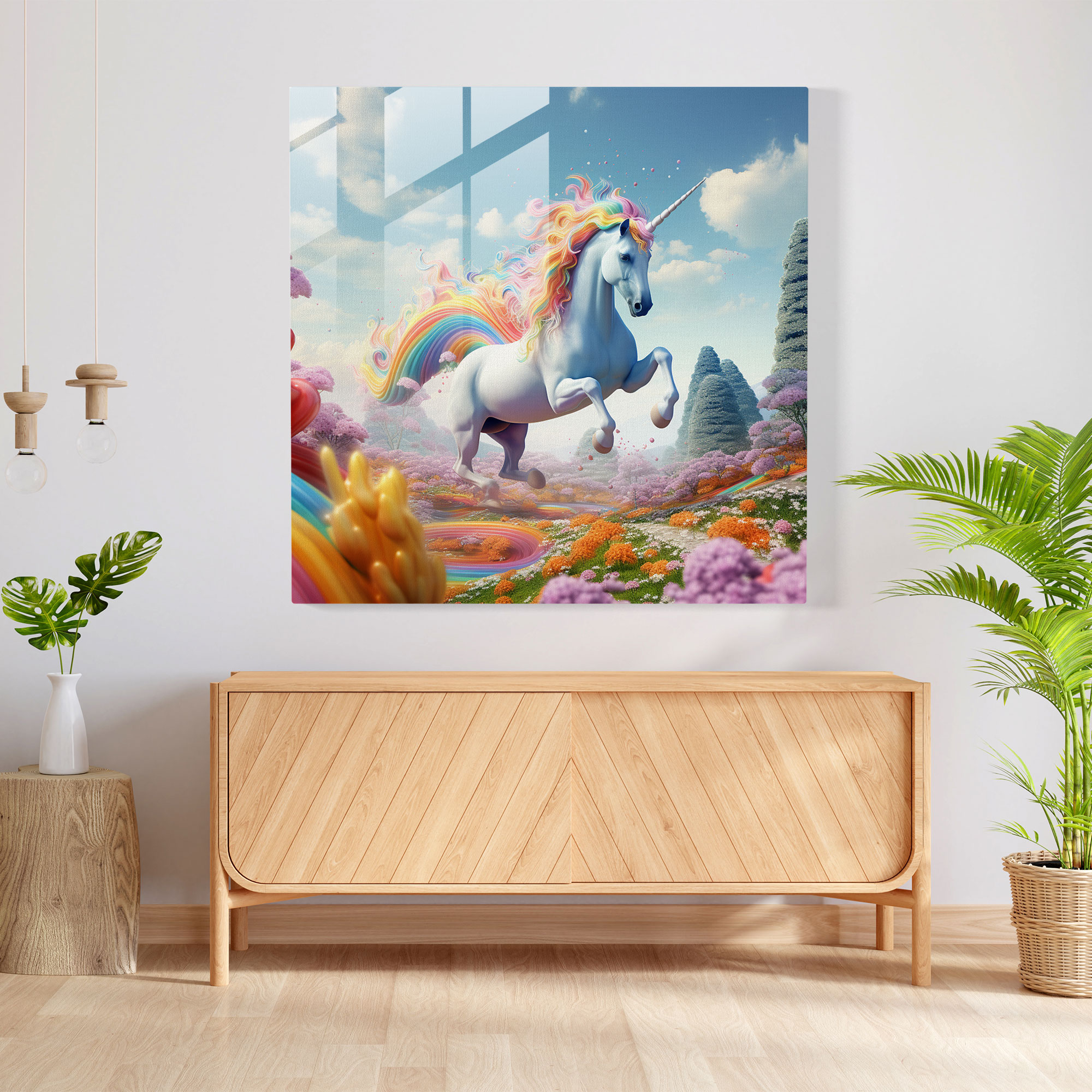 Whimsical Unicorn Rainbow Glass Print - Rainbow, Fantasy, Digital Art Illustration, Glass Print