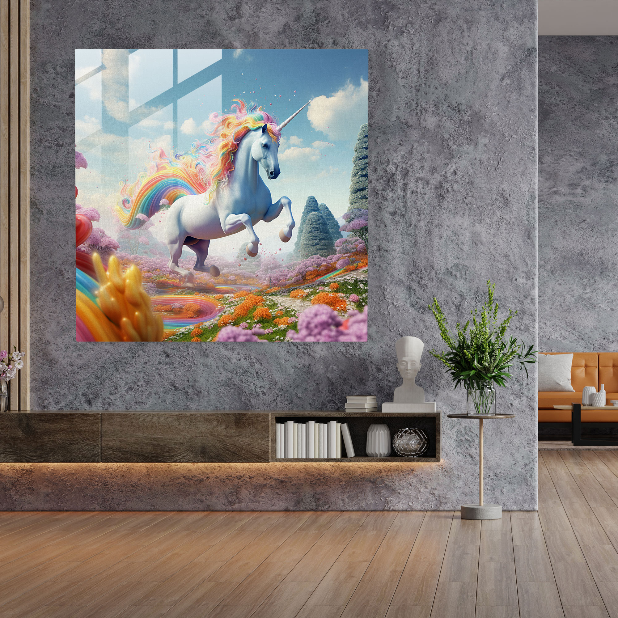 Whimsical Unicorn Rainbow Glass Print - Rainbow, Fantasy, Digital Art Illustration, Glass Print