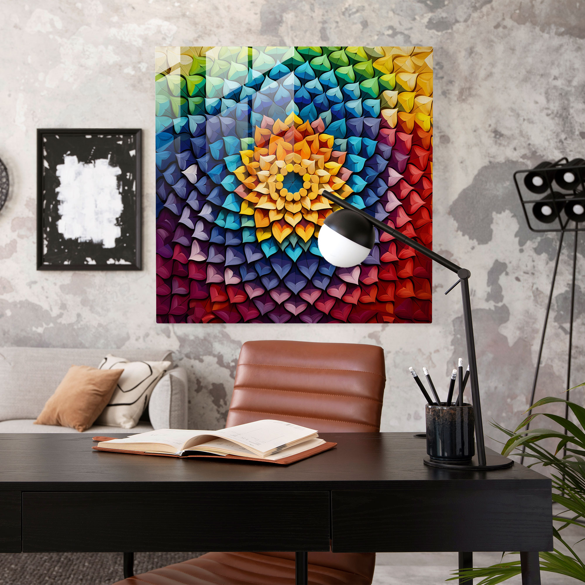Yedi Renkli Geometrik Cam Tablo - Duvar Dekorasyonu Detaylara Özen Modern Sanat