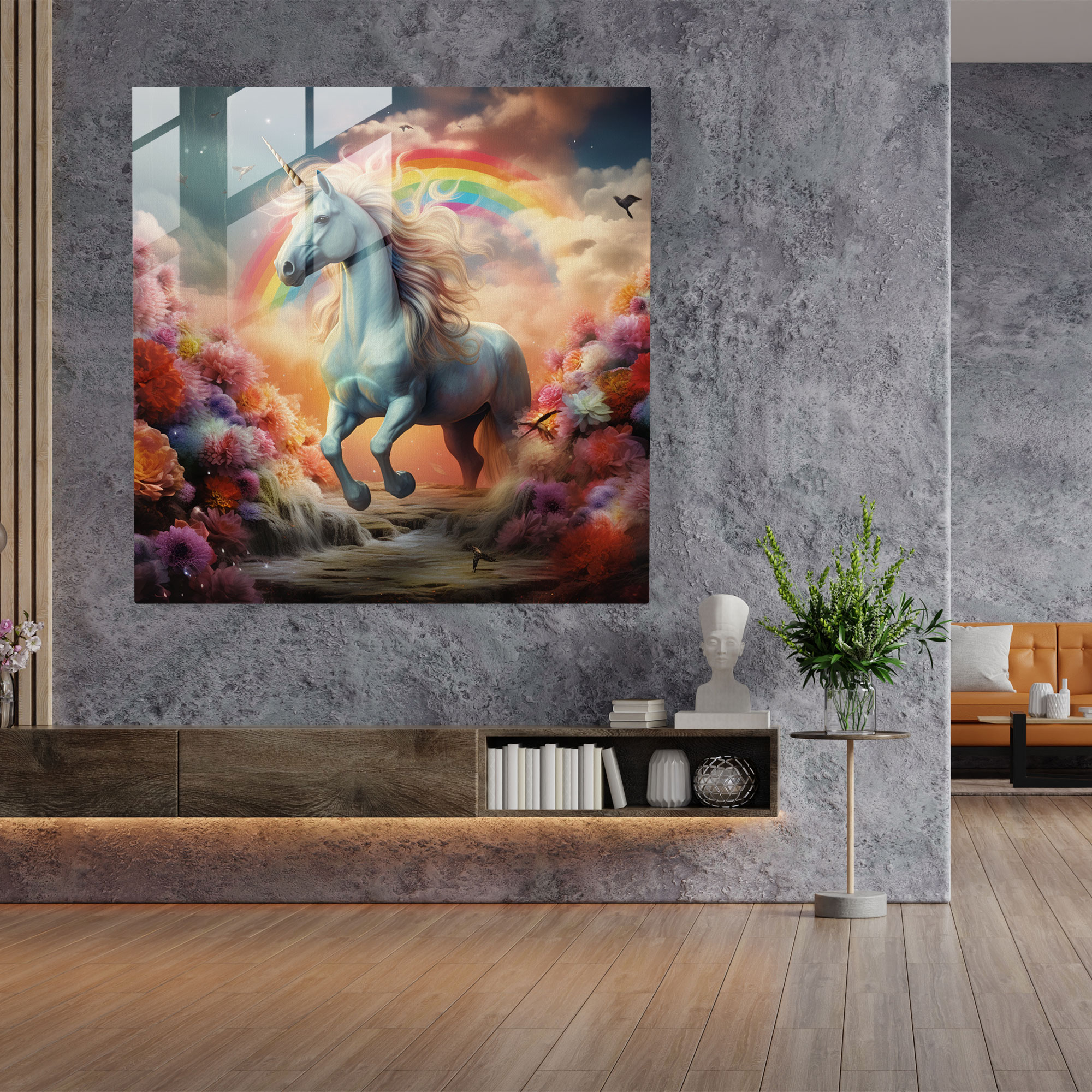 Rainbow Unicorn Glass Print - Rainbow, Home Decoration, Digital Artwork, Enchantment