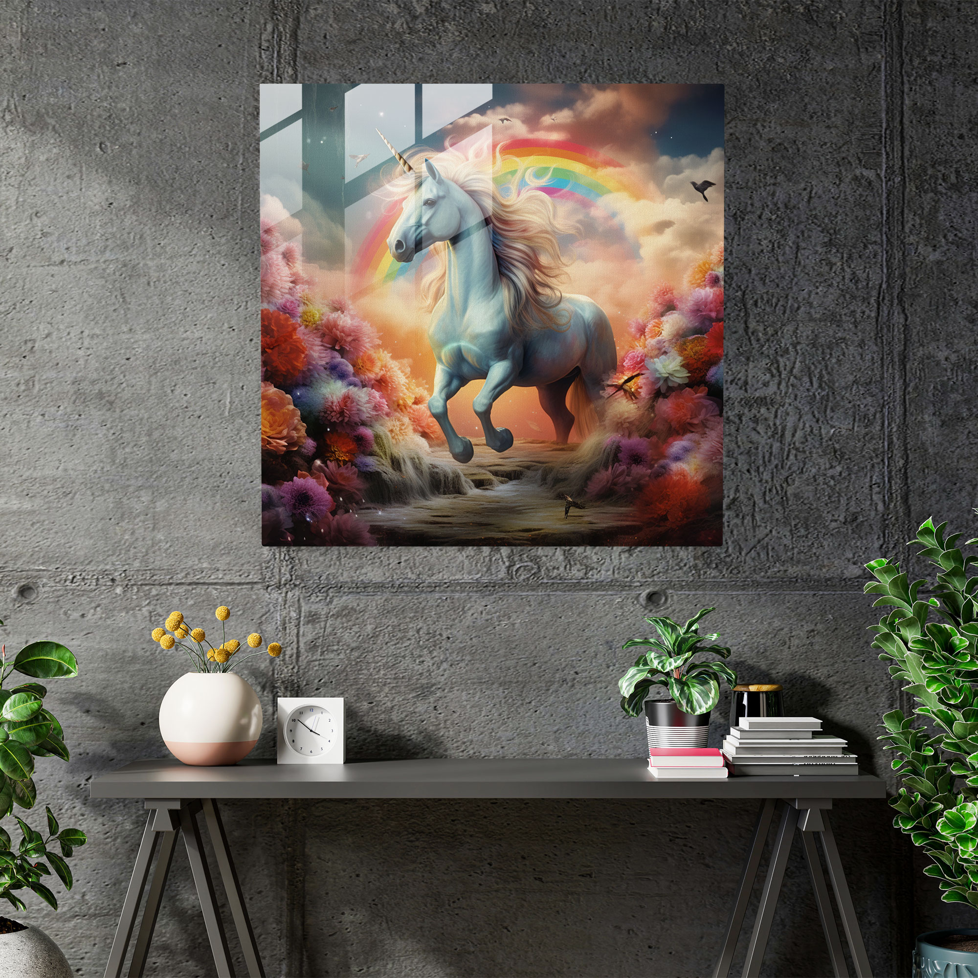 Rainbow Unicorn Glass Print - Rainbow, Home Decoration, Digital Artwork, Enchantment