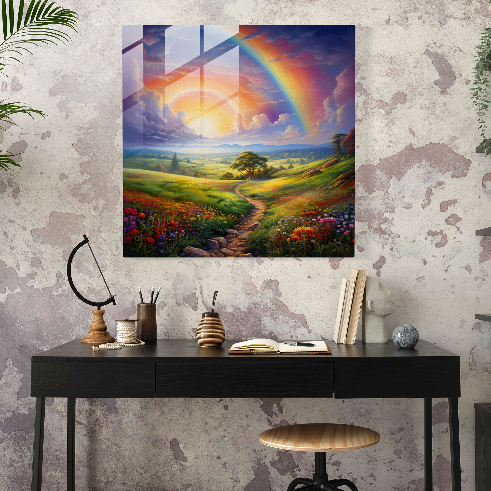 Rainbow Landscape Glass Print - Rainbow, Picturesque Field, Home Decoration, Glass Wall Art
