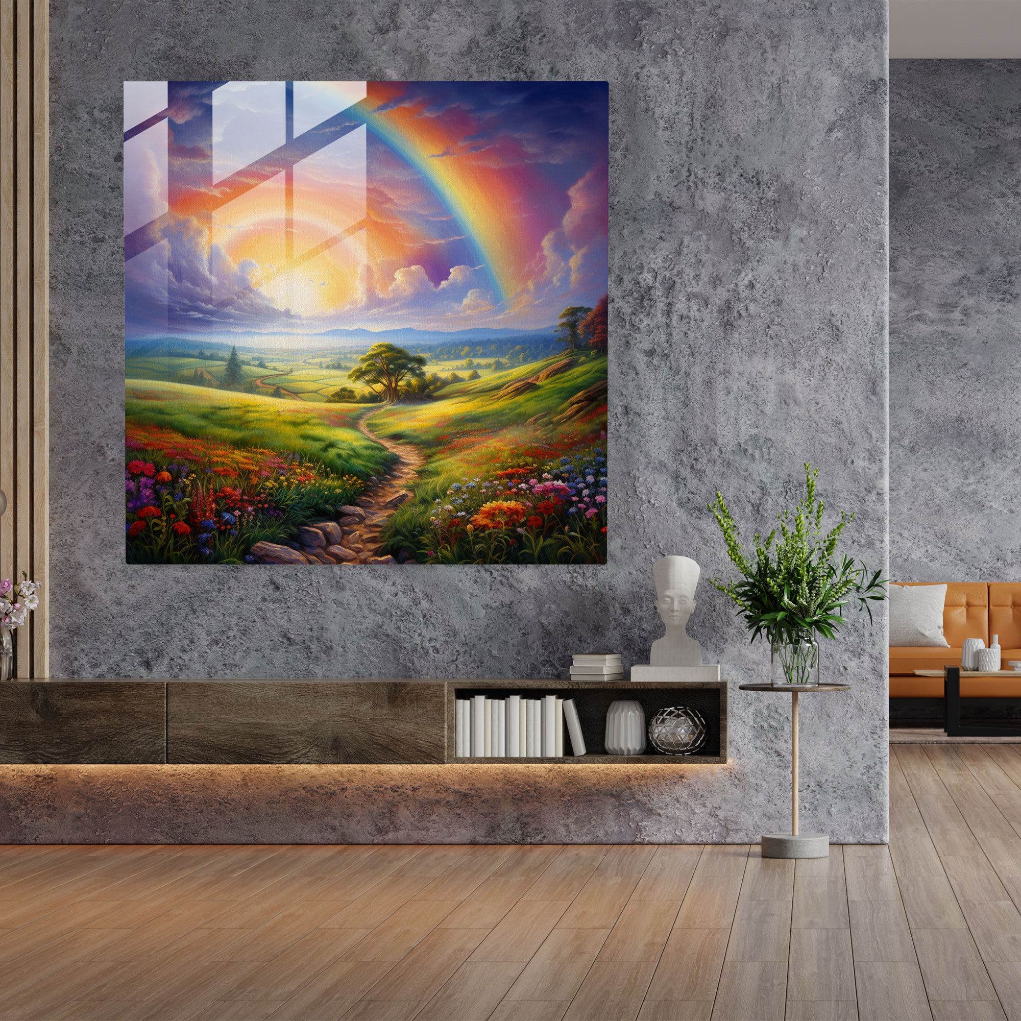 Rainbow Landscape Glass Print - Rainbow, Picturesque Field, Home Decoration, Glass Wall Art