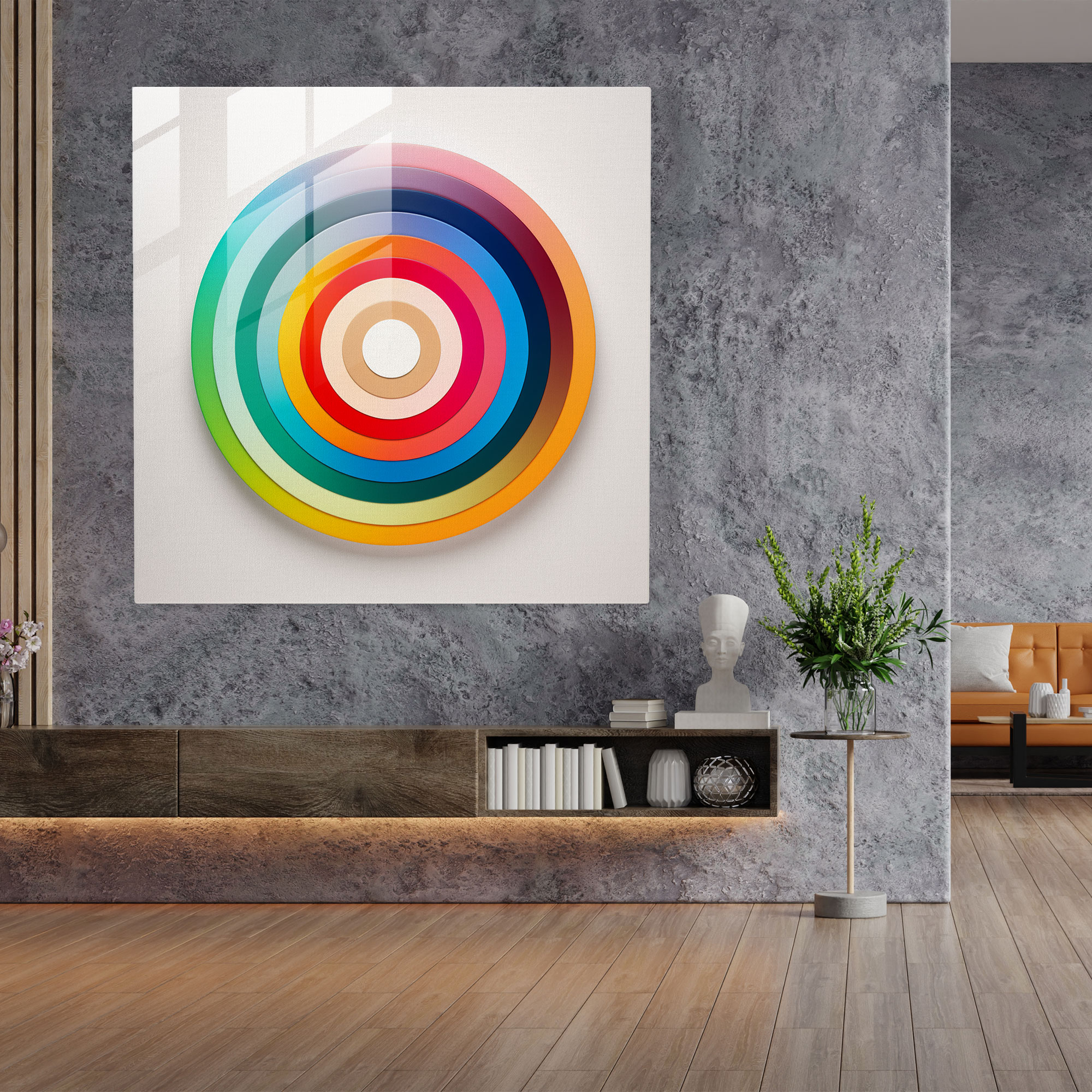 Rainbow Circle Glass Print - Rainbow, Concentric Circles, Minimalist Design, Wall Decoration