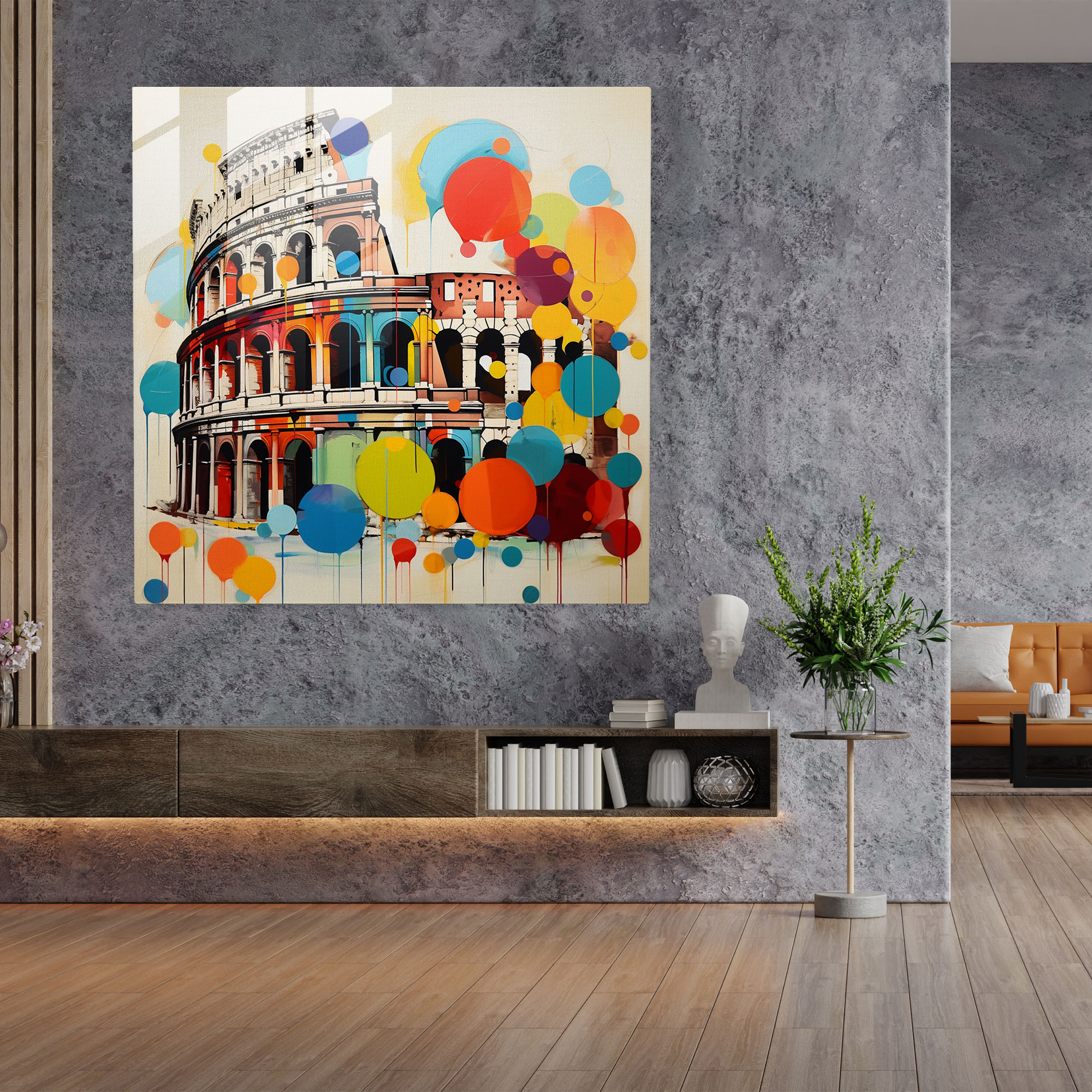 Lebhaftes geometrisches Glasbild des römischen Kolosseums - zeitgenössische abstrakte Glaswandkunst für die Wohnungsdekoration