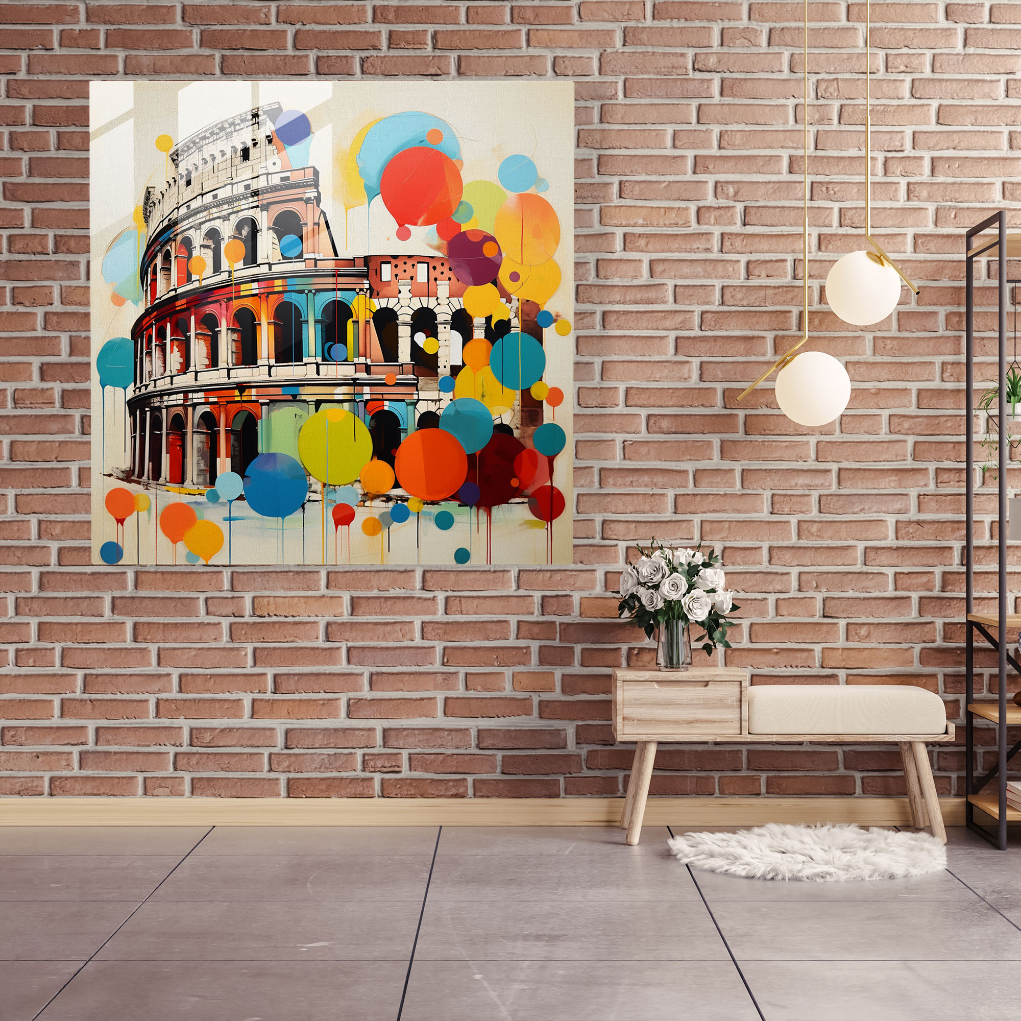 Lebhaftes geometrisches Glasbild des römischen Kolosseums - zeitgenössische abstrakte Glaswandkunst für die Wohnungsdekoration