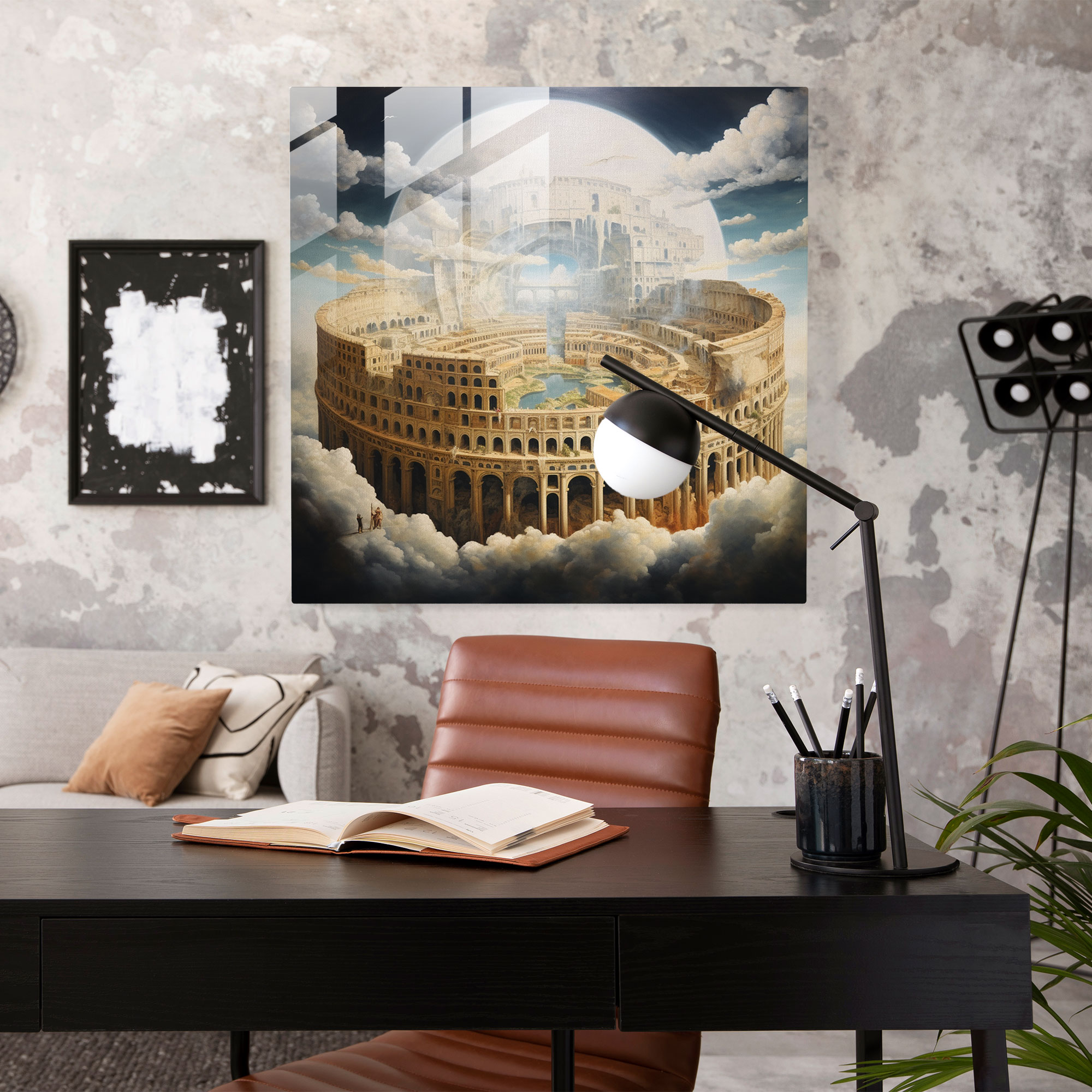 Geheimnisvolles Surrealistisches Glasbild des römischen Kolosseums - Traumhaftes Glaswandkunstwerk für die Heimdekoration