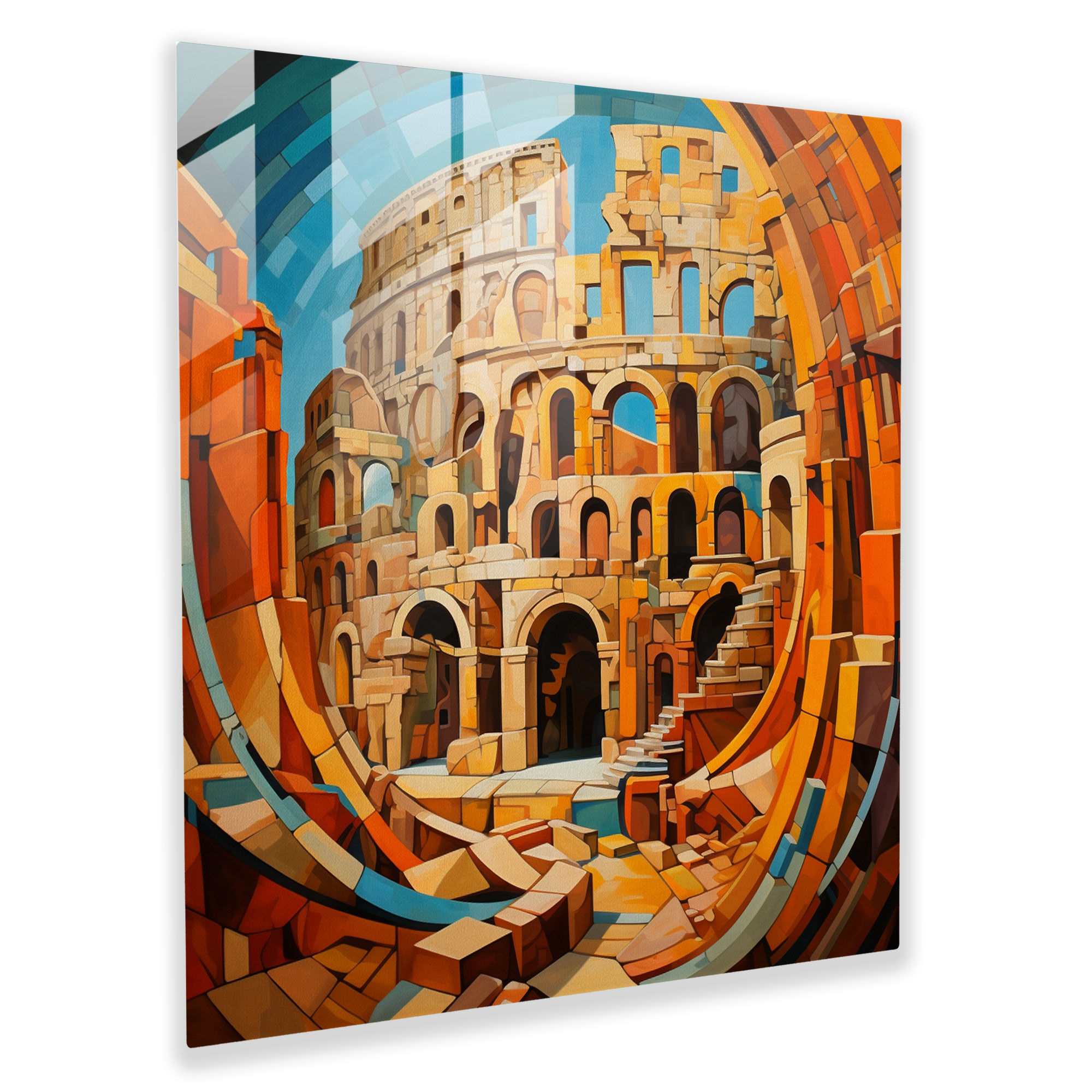 Dynamic Cubist Glass Print of Roman Colosseum - Abstract Glass Wall Art for Home Decoration