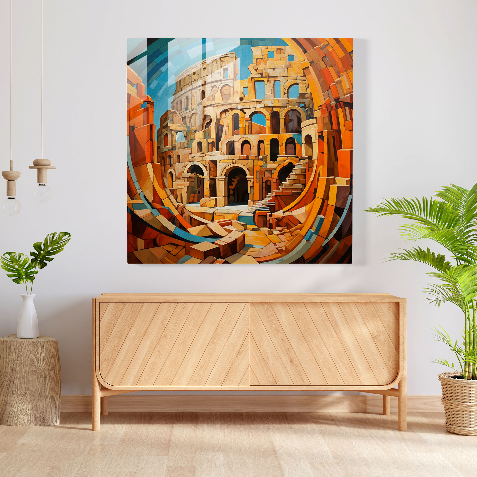 Dynamic Cubist Glass Print of Roman Colosseum - Abstract Glass Wall Art for Home Decoration