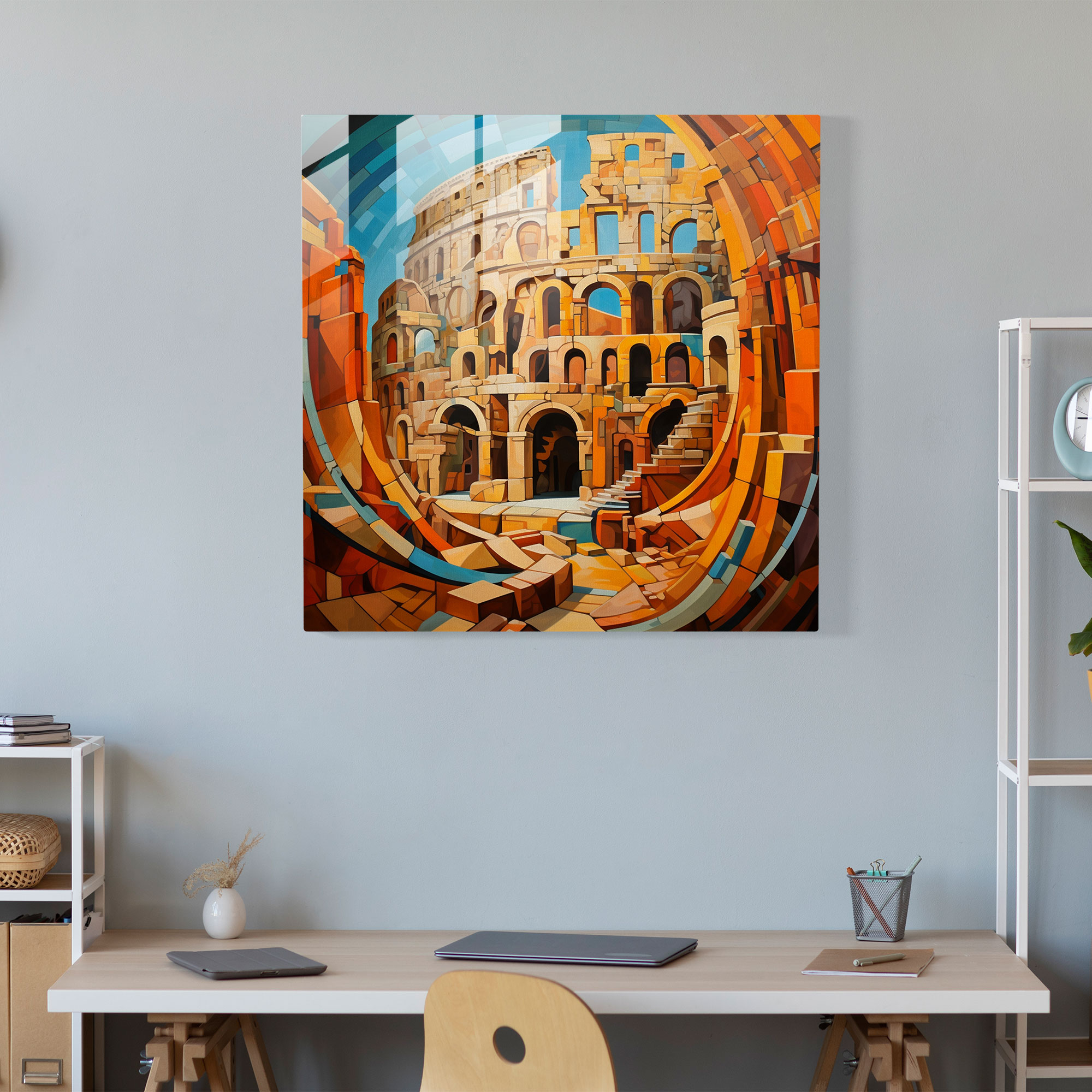 Dynamic Cubist Glass Print of Roman Colosseum - Abstract Glass Wall Art for Home Decoration