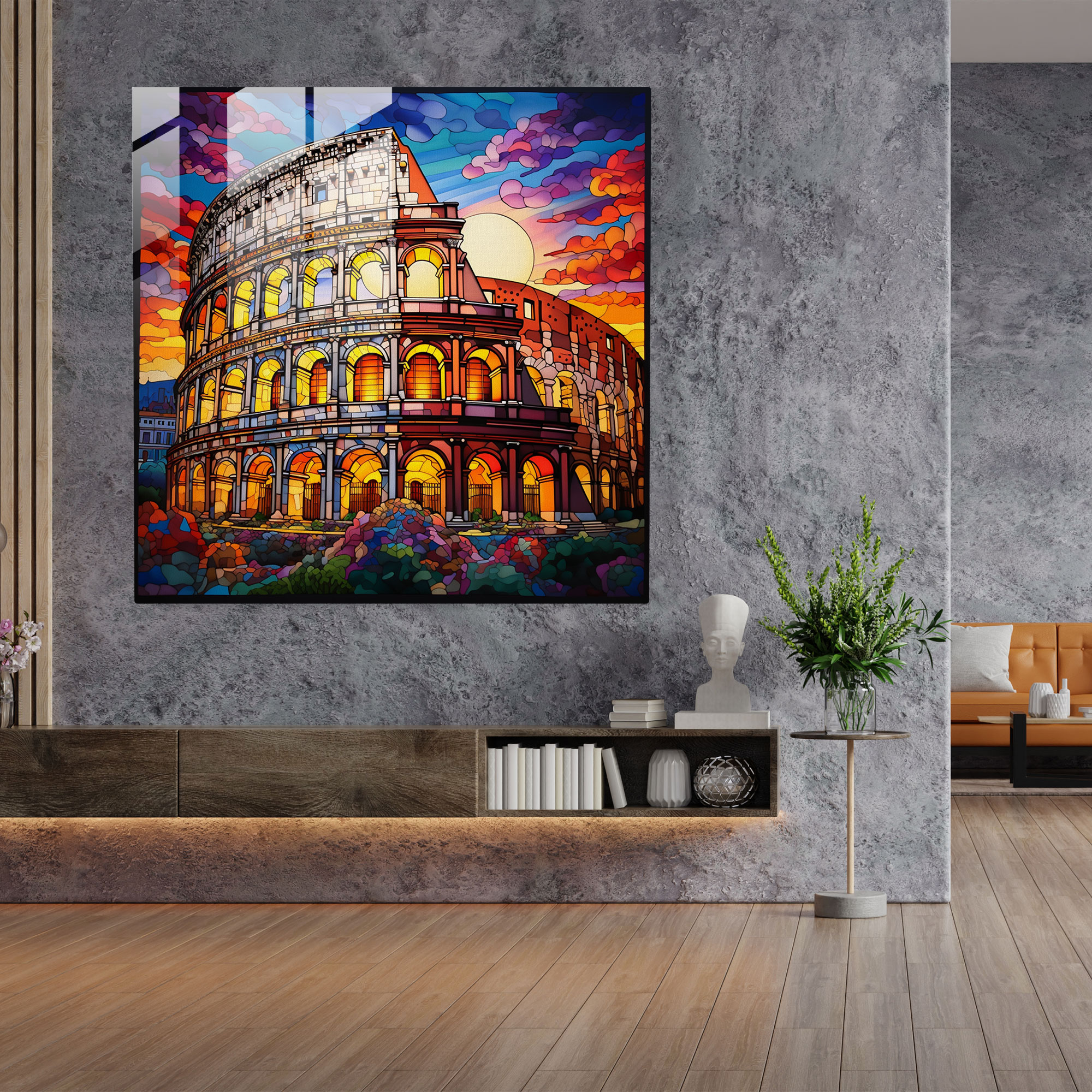 Stained Glass Print of Roman Colosseum: Medieval Splendor in Glass Wall Art