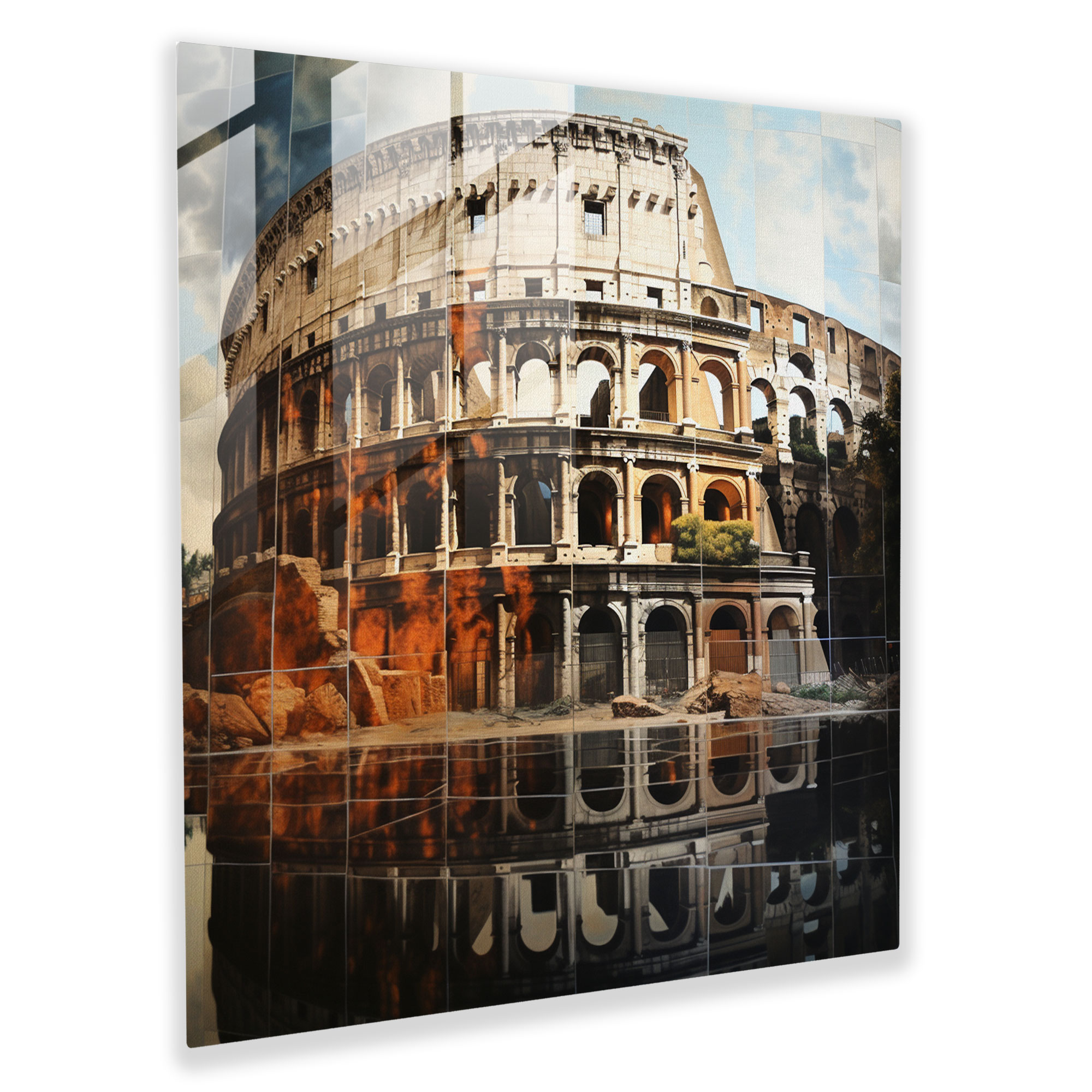 Mirrored Glass Print of Roman Colosseum: Surreal Reflections in Captivating Glass Wall Art