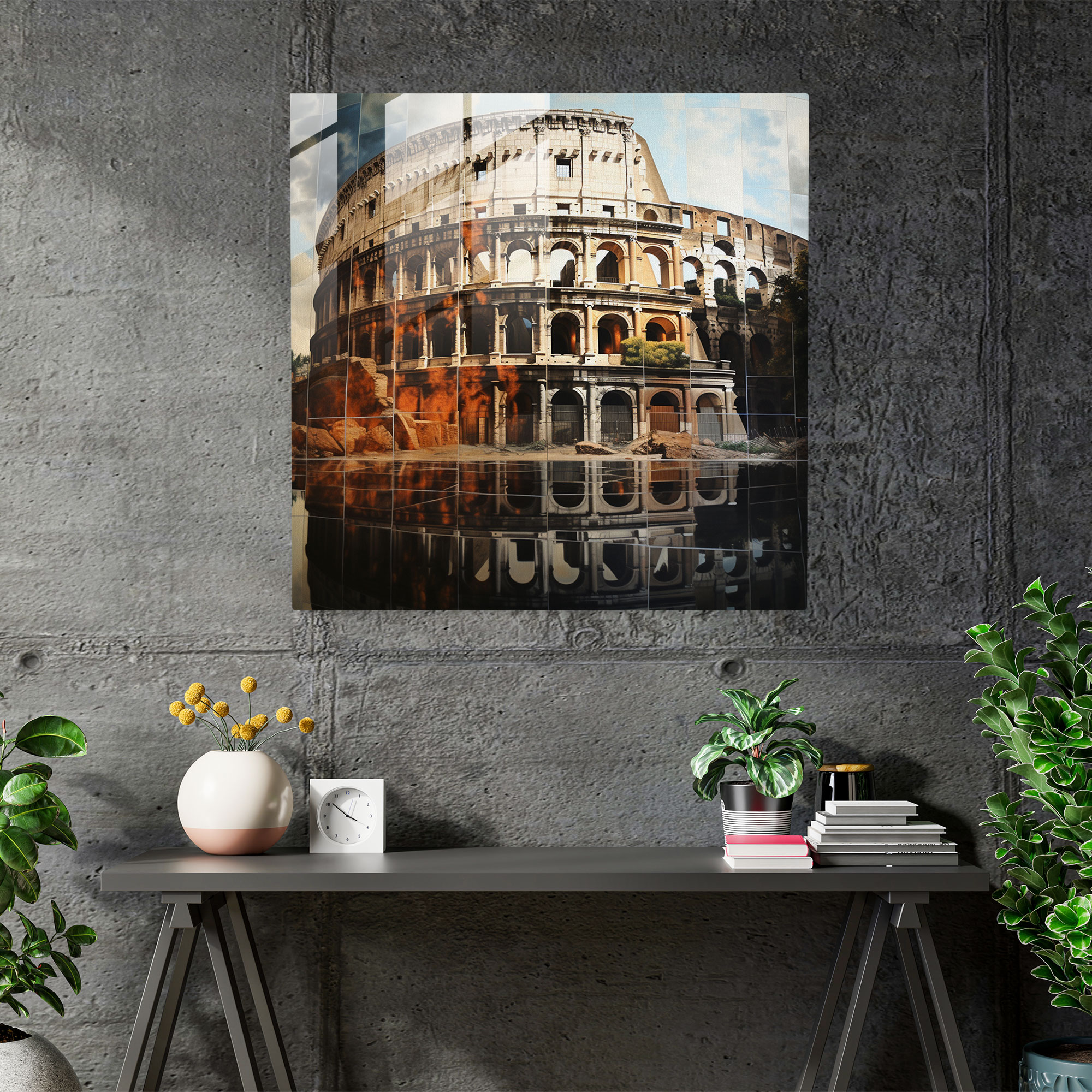 Mirrored Glass Print of Roman Colosseum: Surreal Reflections in Captivating Glass Wall Art