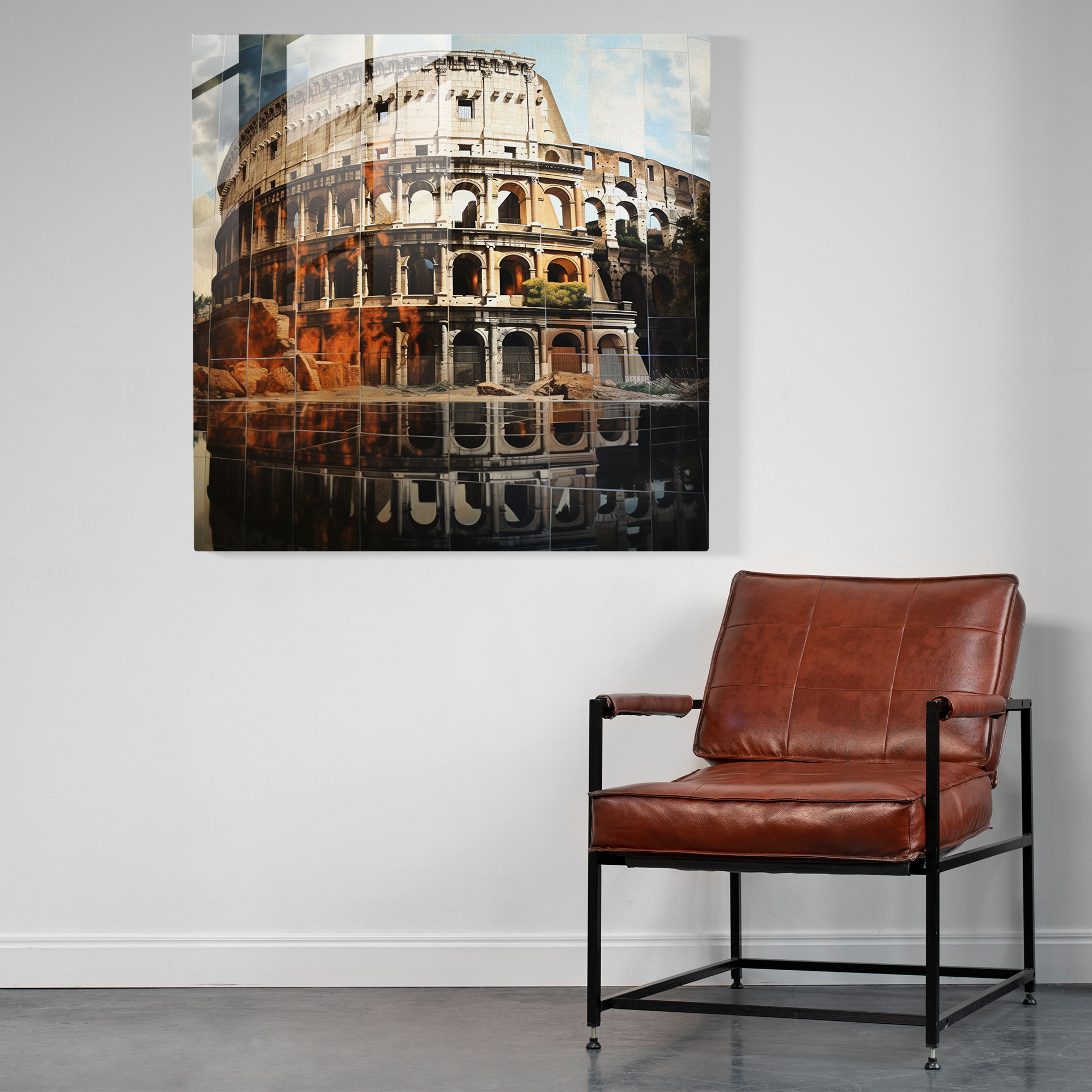 Mirrored Glass Print of Roman Colosseum: Surreal Reflections in Captivating Glass Wall Art