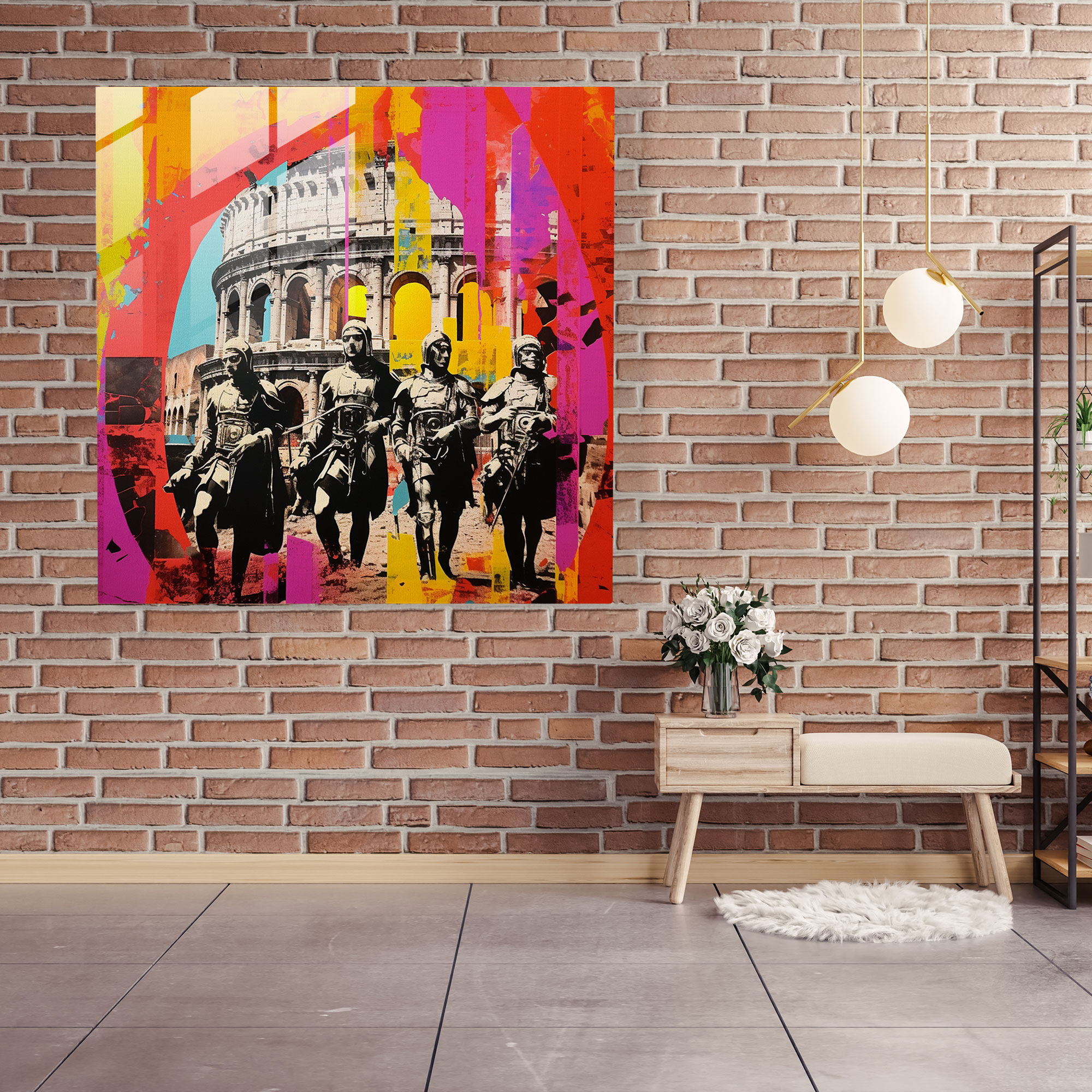 Vibrant Valor Glass Print - Roman Colosseum Pop Art Collage Glass Wall Art