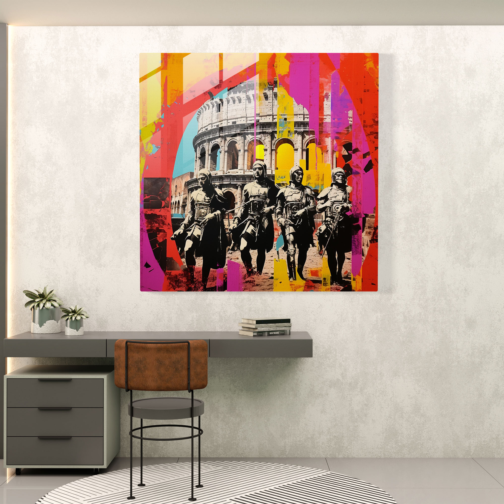 Vibrant Valor Glass Print - Roman Colosseum Pop Art Collage Glass Wall Art