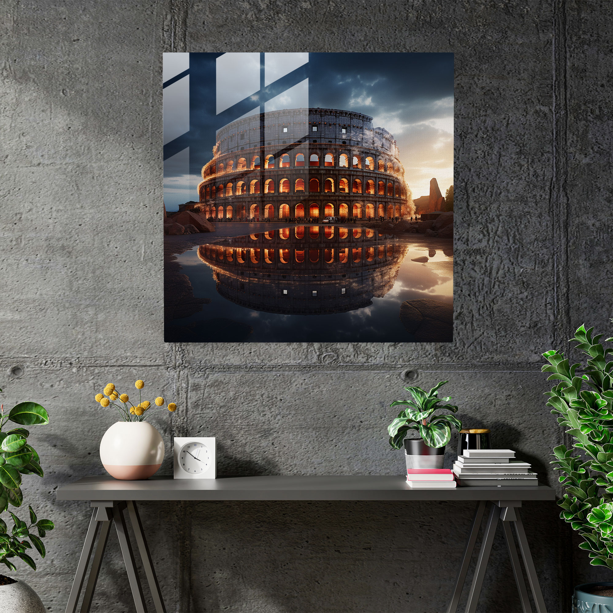Techno Fusion Glasbild - Römisches Kolosseum Futuristische Digitale Kunst Glaswandkunst