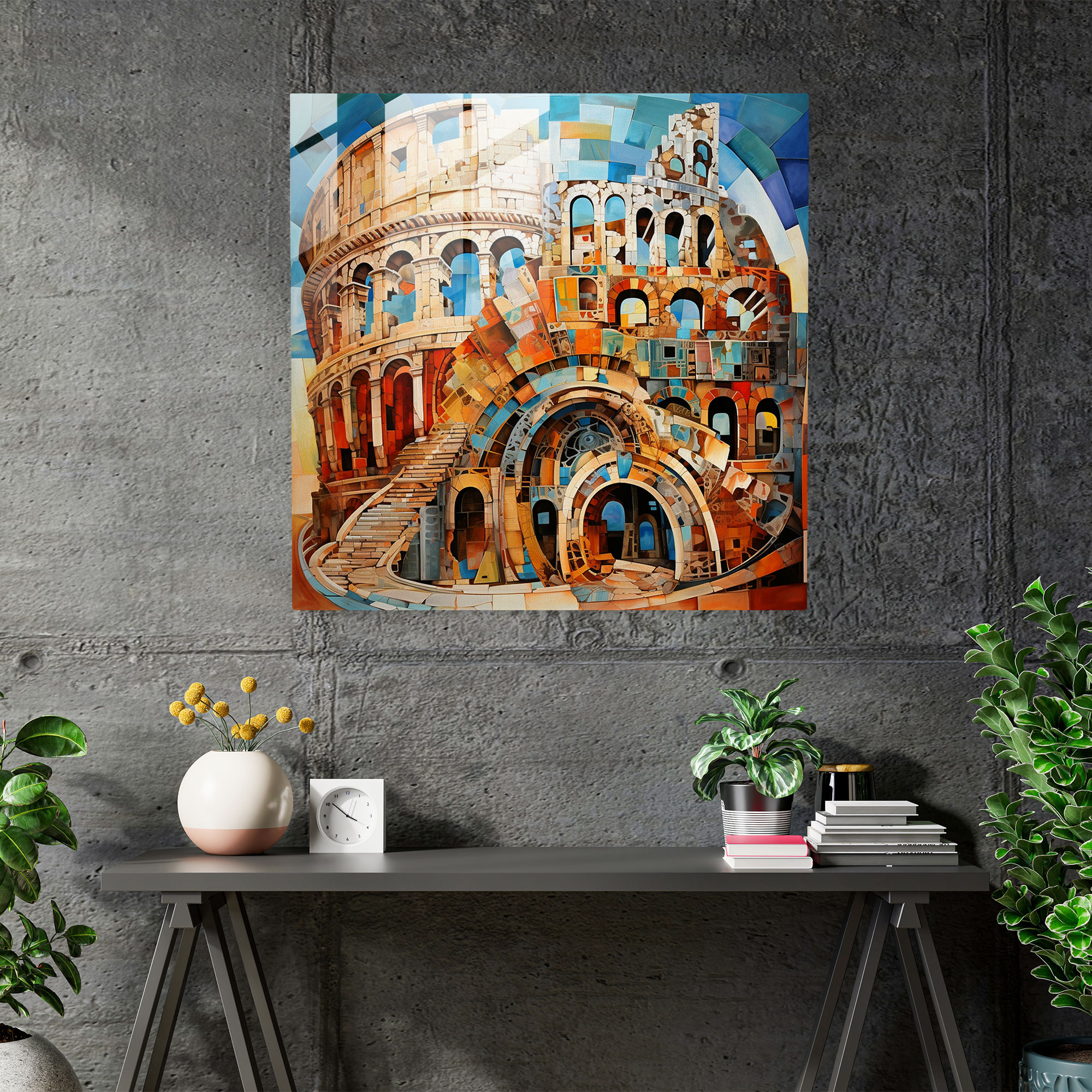 Abstract Fusion Glass Print - Roman Colosseum Cubist Mixed Media Glass Wall Art