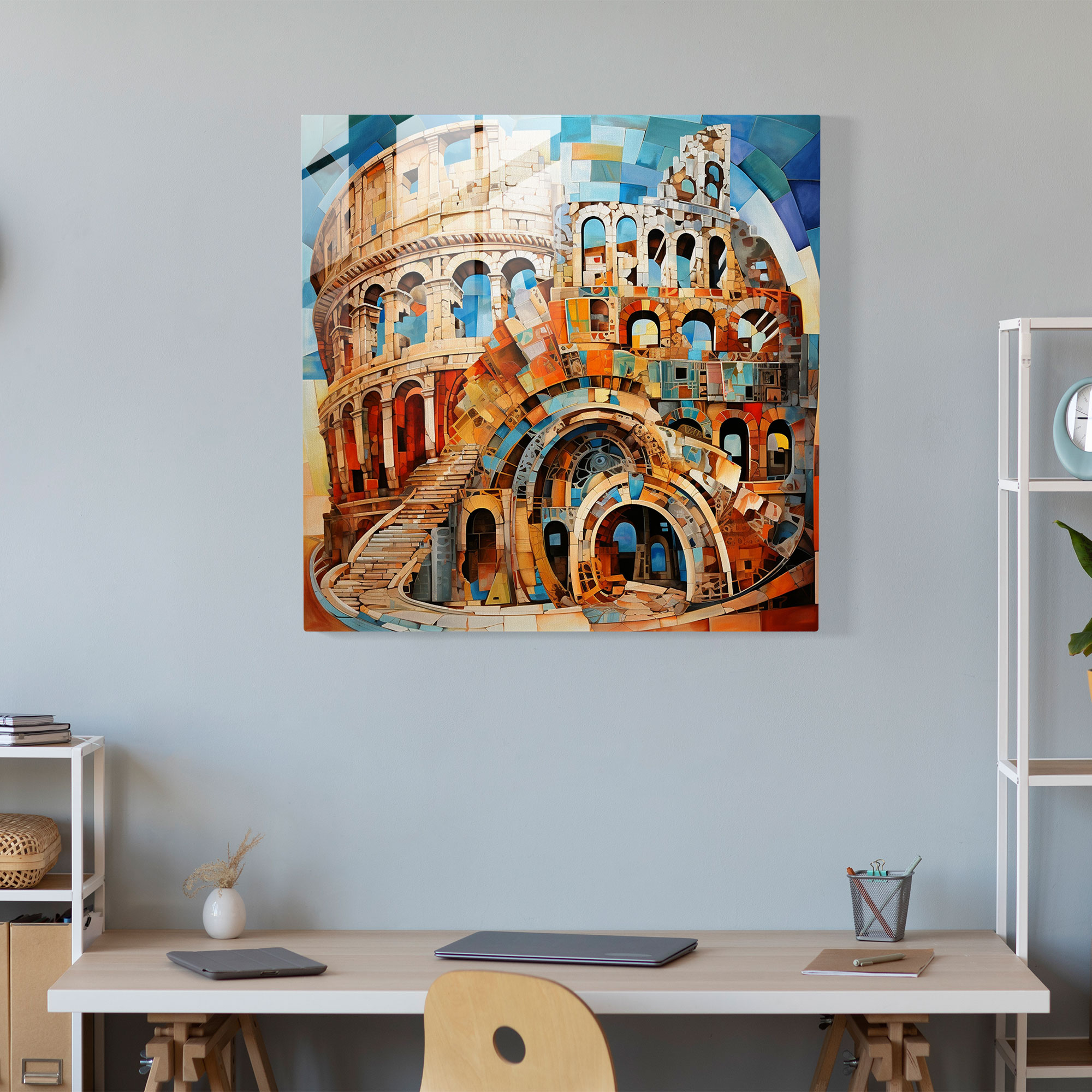 Abstract Fusion Glass Print - Roman Colosseum Cubist Mixed Media Glass Wall Art