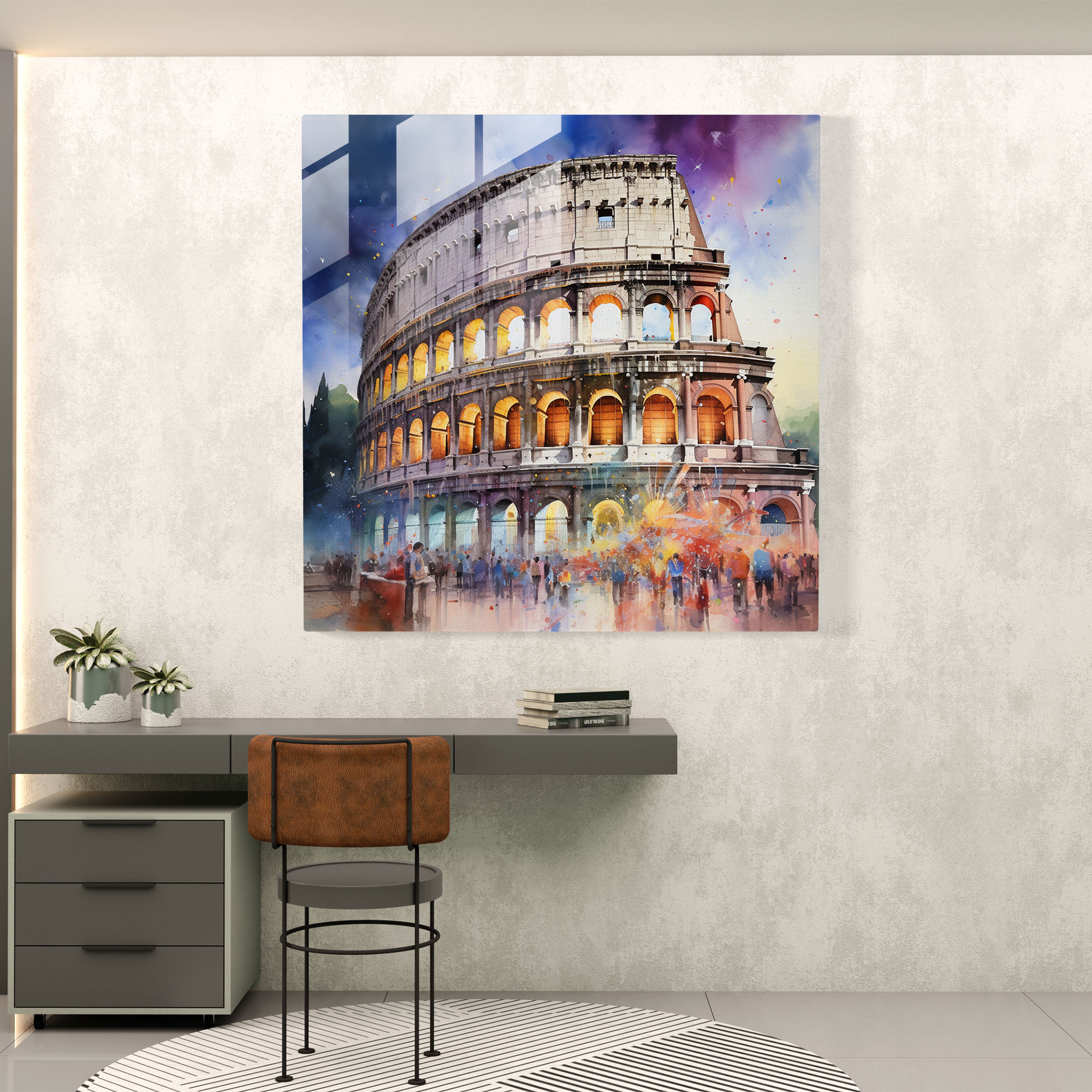 Vibrant Glass Print of the Roman Colosseum - Watercolor Glass Wall Art Home Decoration