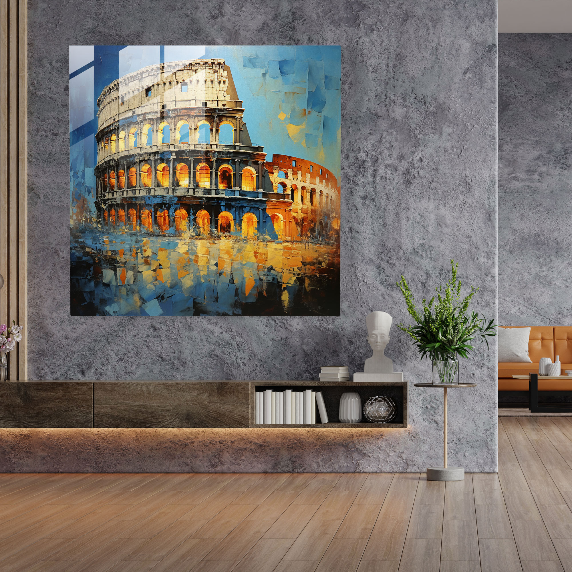 Opulentes Glasbild des römischen Kolosseums – Beeindruckendes Glaswandkunstwerk für die Wohnraumgestaltung