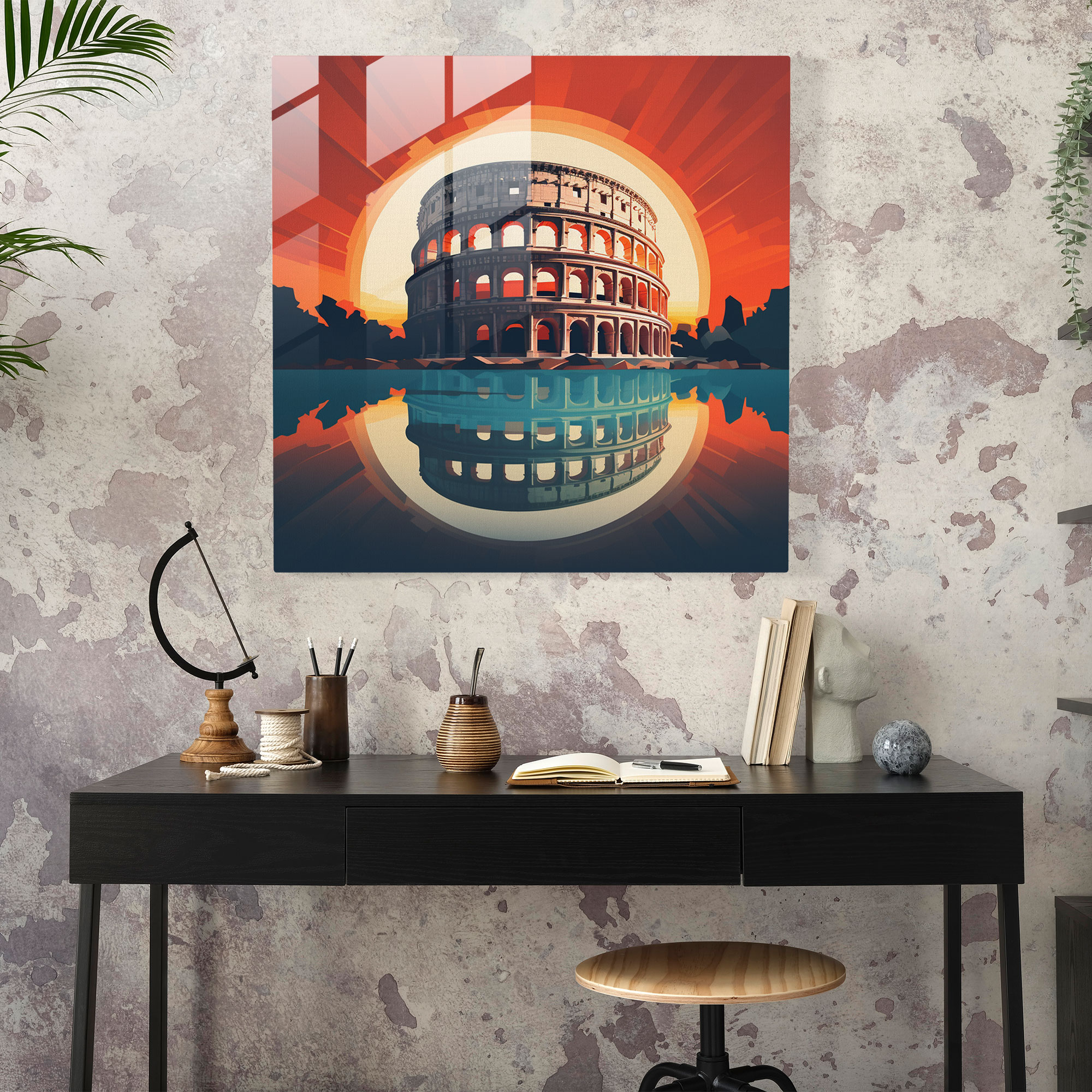 Minimalist Glass Print of the Roman Colosseum – Contemporary Glass Wall Art for Home Decoration
