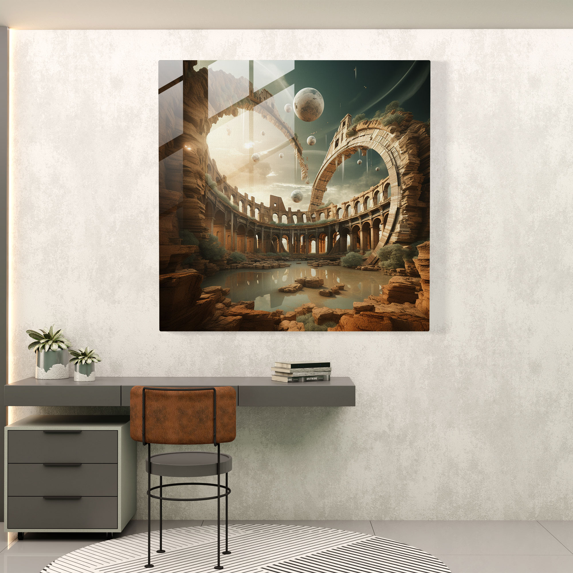 Enigmatic Glass Print of the Roman Colosseum – Surreal Glass Wall Art for Home Decoration