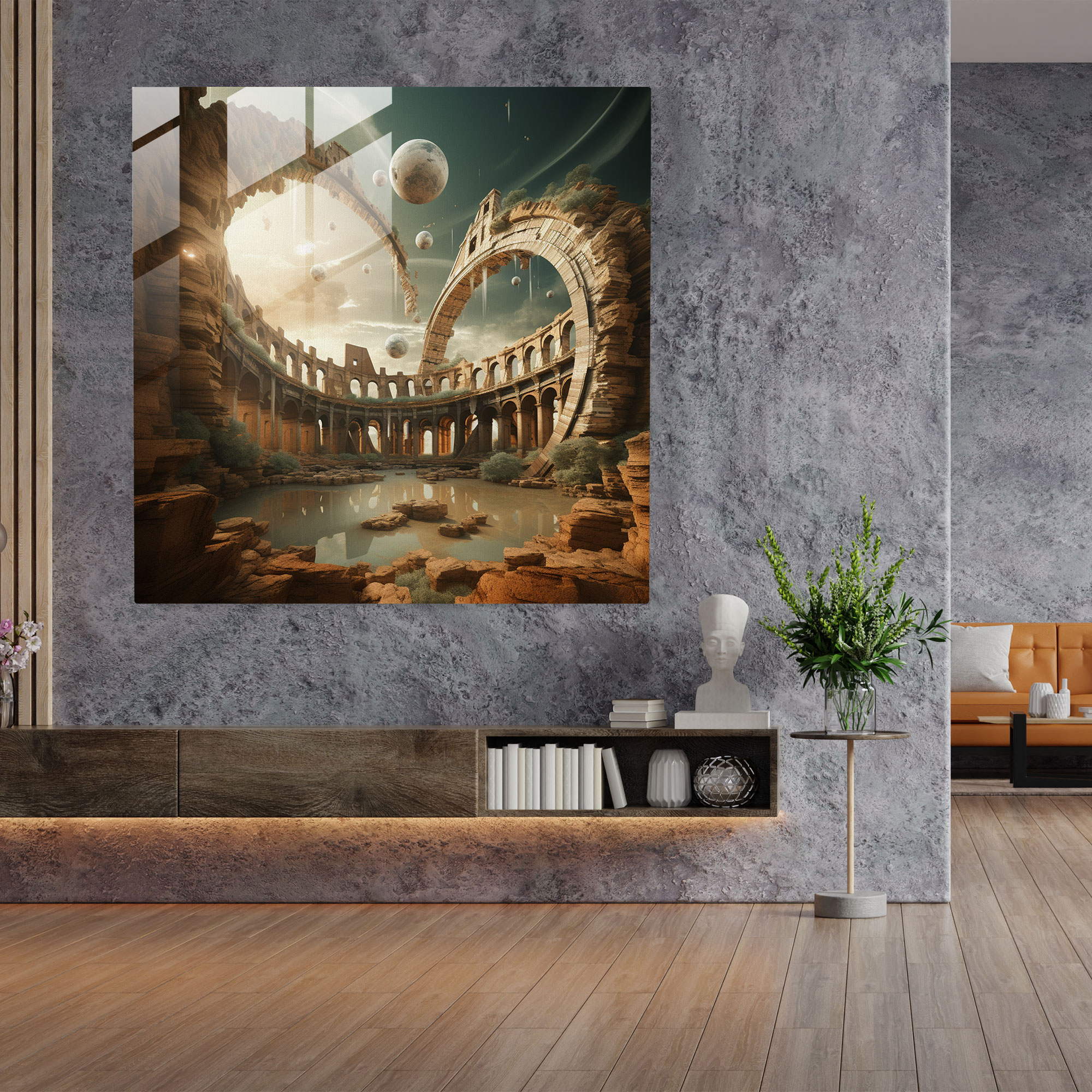 Enigmatic Glass Print of the Roman Colosseum – Surreal Glass Wall Art for Home Decoration