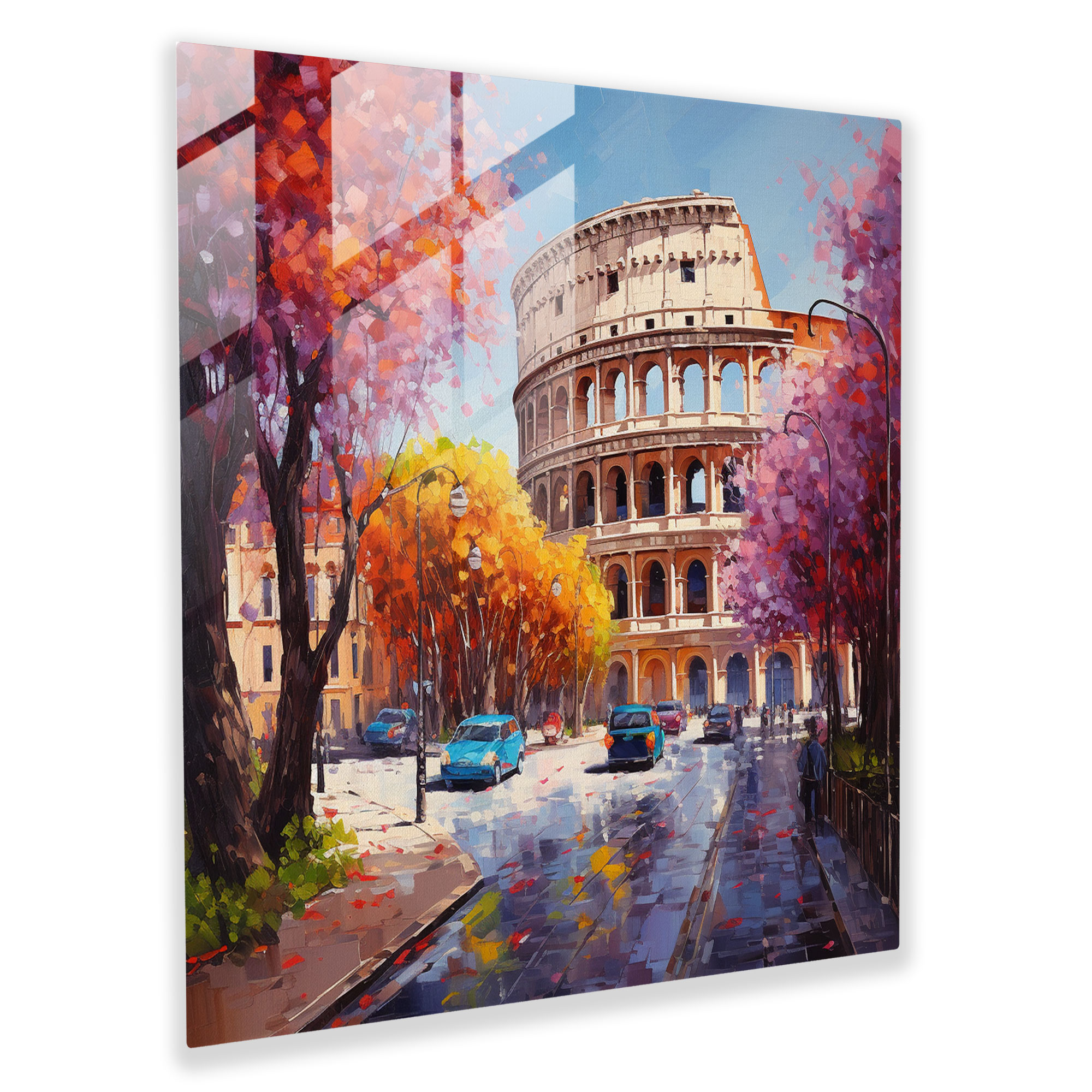 Vibrant Oil Painting Glass Print - Street View of the Colosseum in Full Bloom - Glass Wall Art Home Decoration - Wall Decoration Glass Art