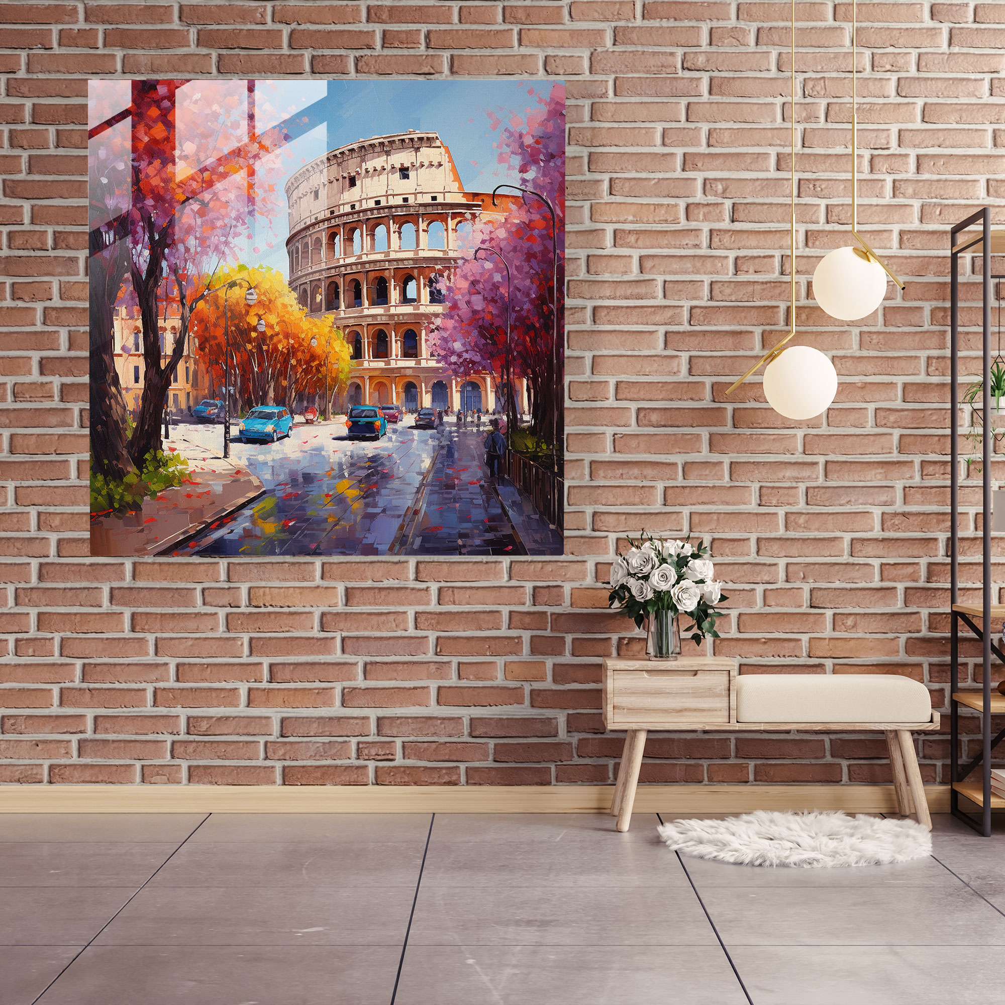 Vibrant Oil Painting Glass Print - Street View of the Colosseum in Full Bloom - Glass Wall Art Home Decoration - Wall Decoration Glass Art