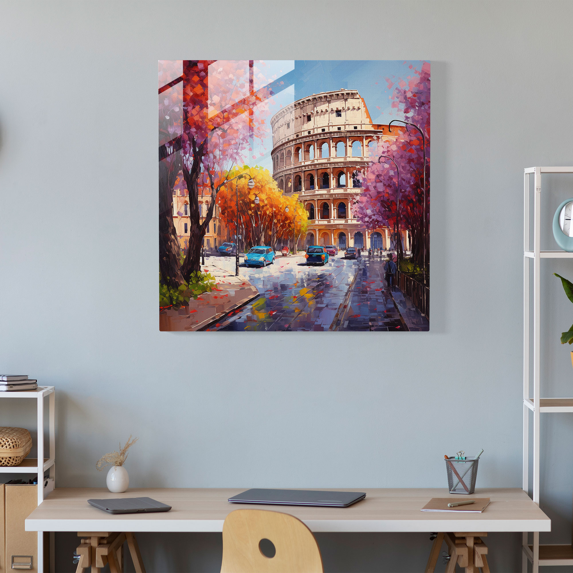 Vibrant Oil Painting Glass Print - Street View of the Colosseum in Full Bloom - Glass Wall Art Home Decoration - Wall Decoration Glass Art