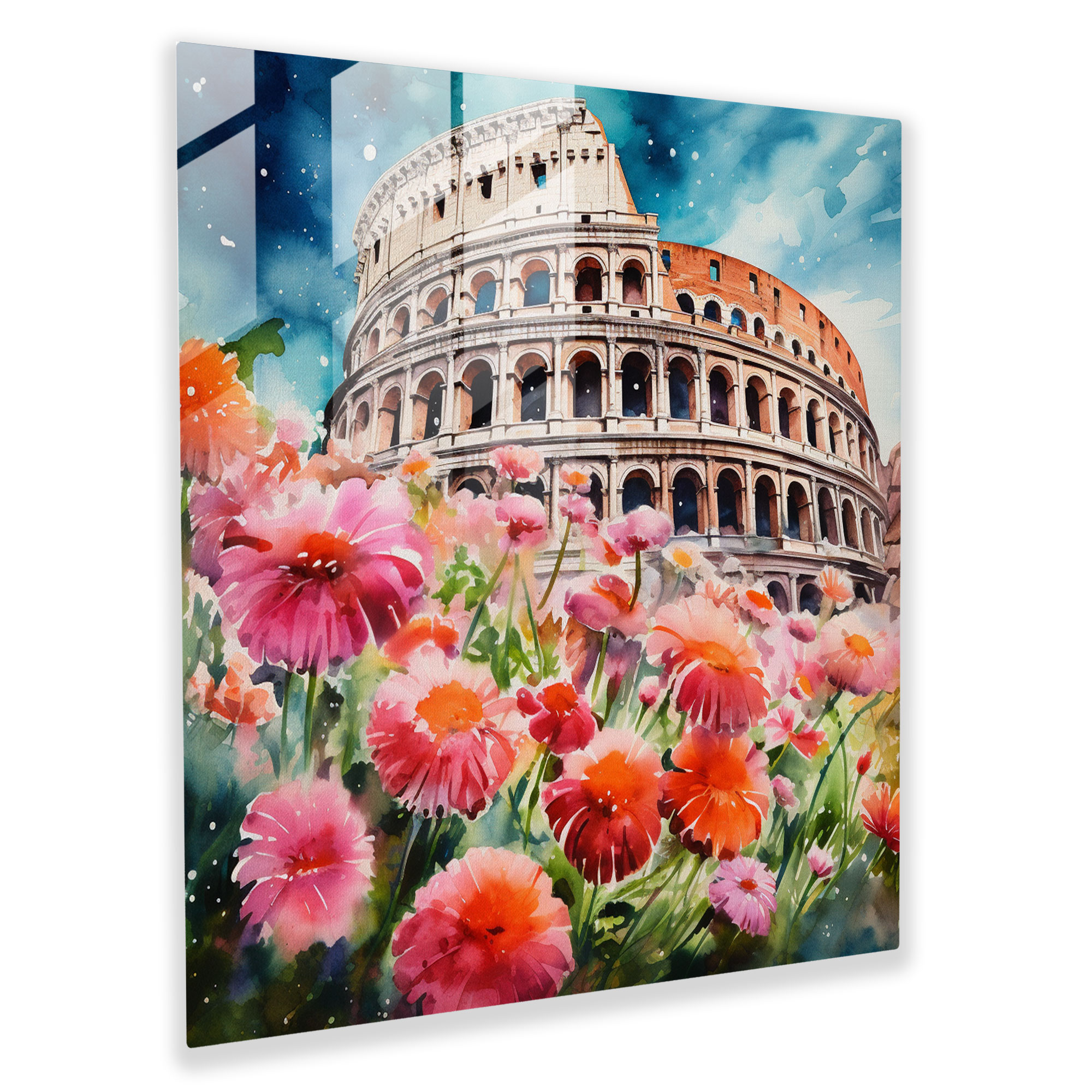 Vivid Glass Print - Roman Colosseum Floral Oasis