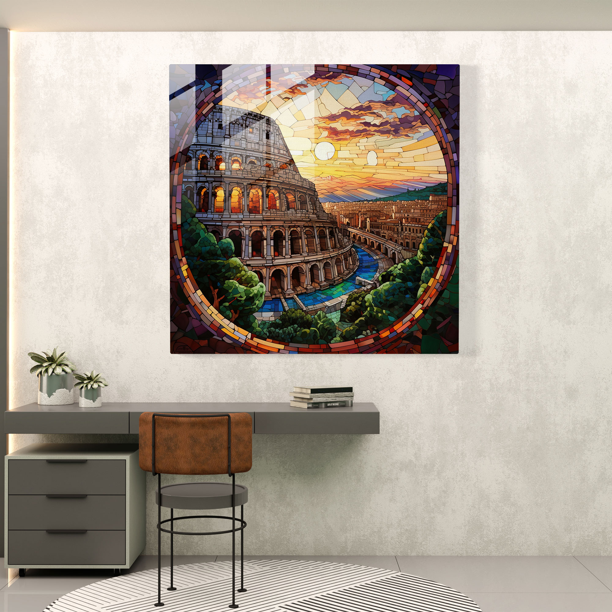 Antiquarium Glass Print Collection - Roman Colosseum Sunset Glow Glass Wall Art