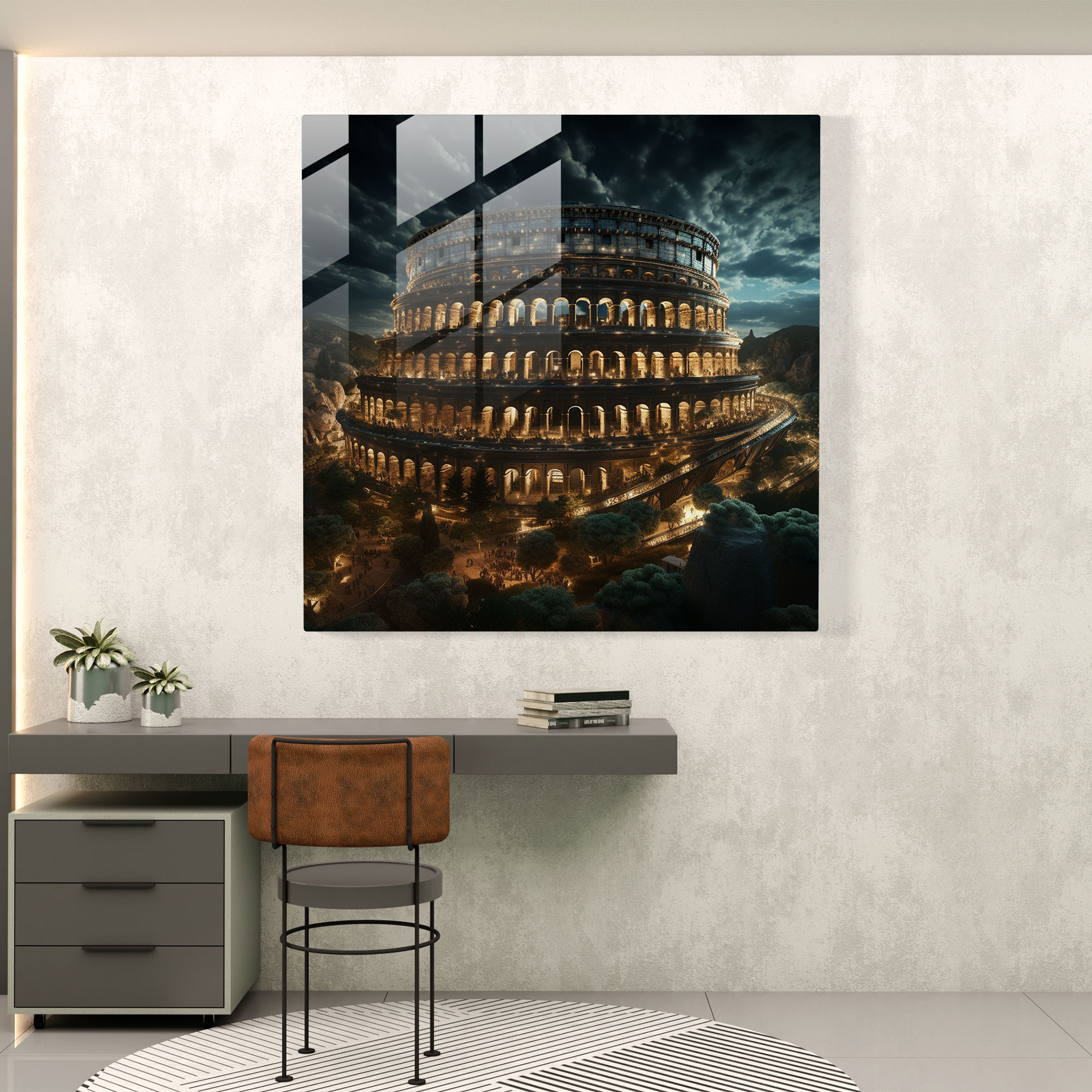 Digital Dreamscape Glass Print - Roman Colosseum Nightlights Glass Wall Art