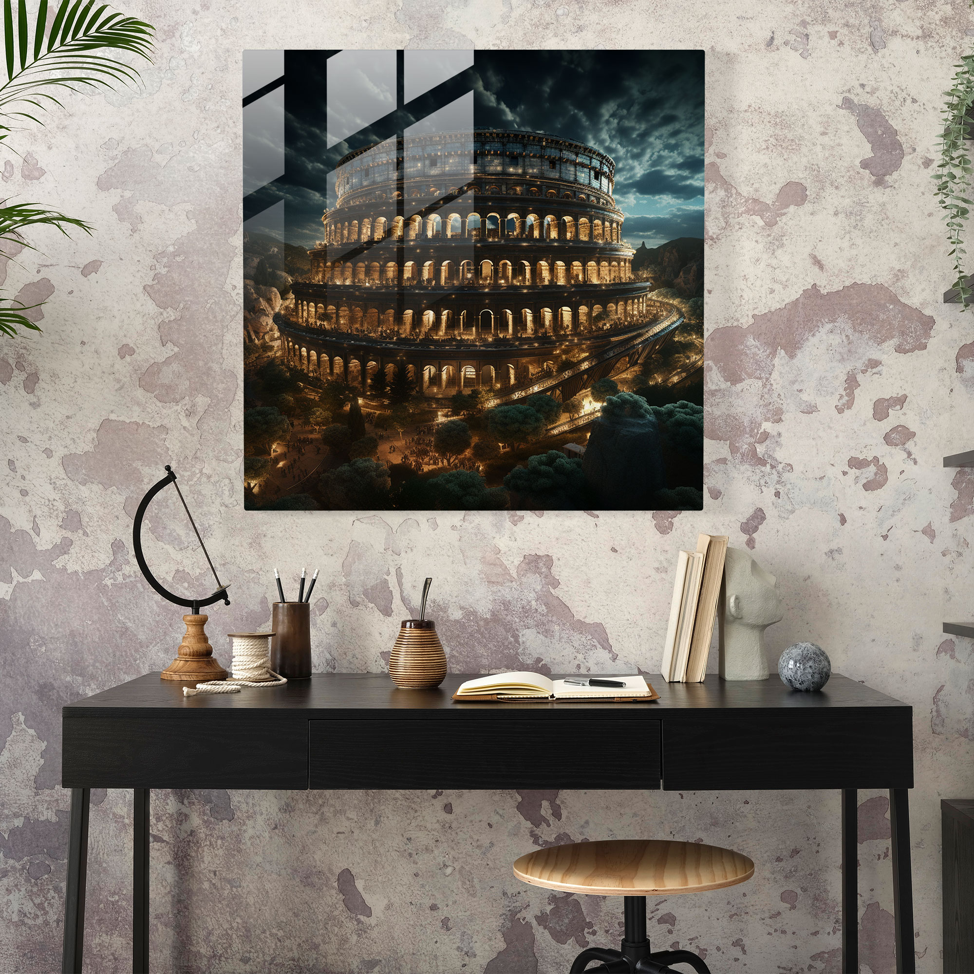 Digital Dreamscape Glass Print - Roman Colosseum Nightlights Glass Wall Art