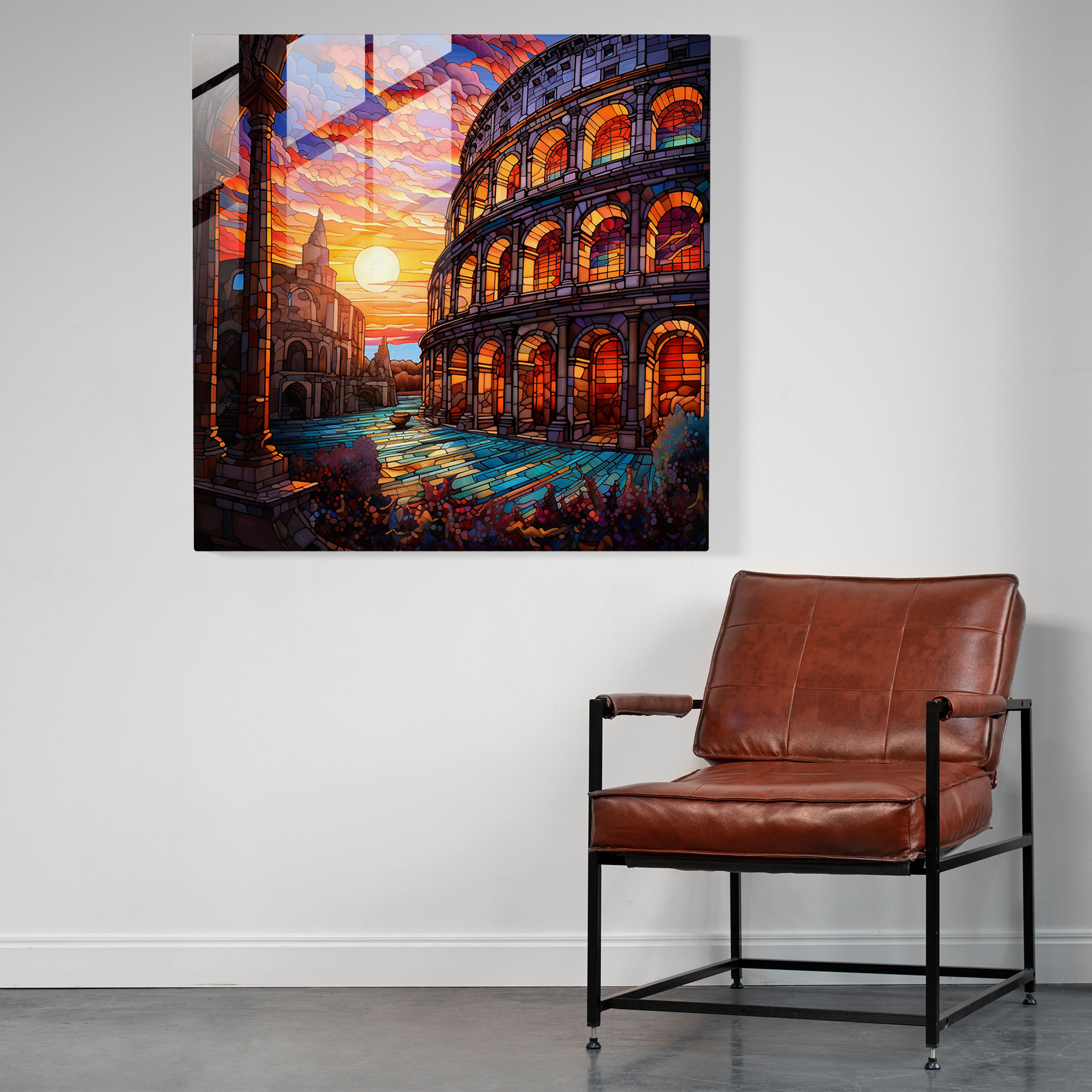 Ethereal Elegance Glass Print - Art Nouveau Stained Glass Roman Colosseum Sunset Wall Art Decoration