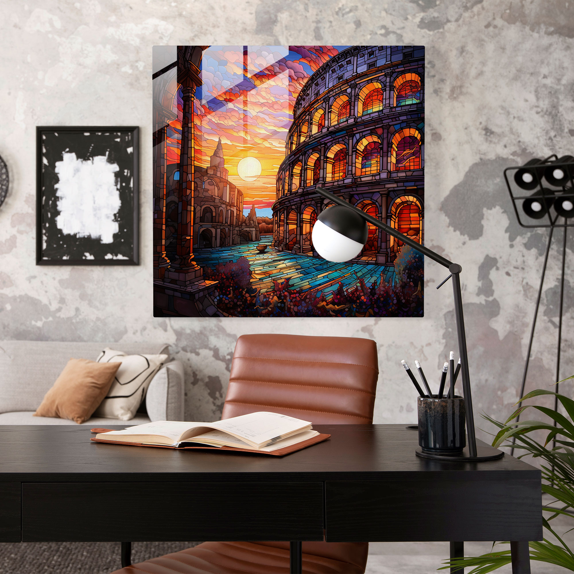 Ethereal Elegance Glass Print - Art Nouveau Stained Glass Roman Colosseum Sunset Wall Art Decoration