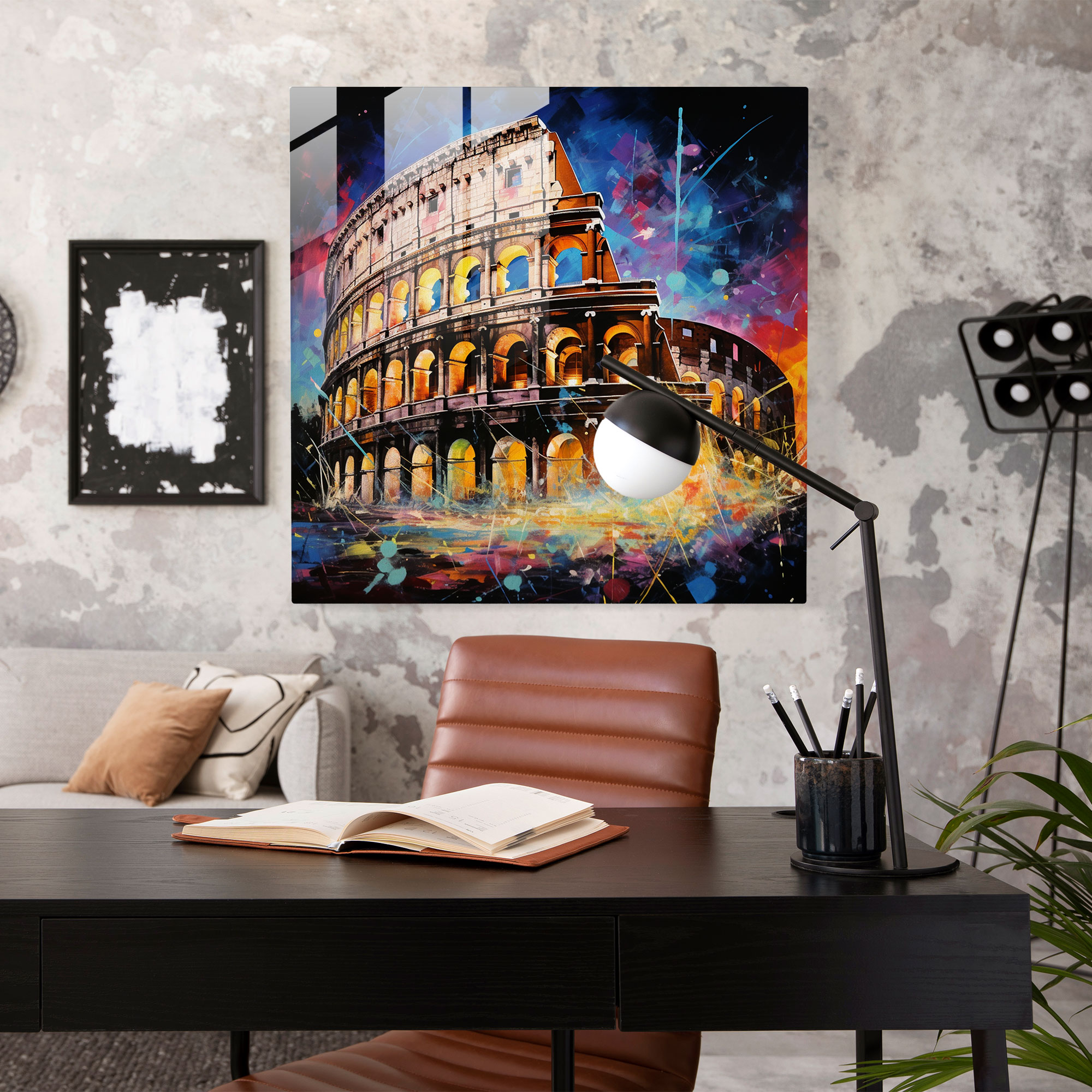 Vibrant Whirlwind Glass Print - Abstract Brushstroke Roman Colosseum City Lights Wall Decoration