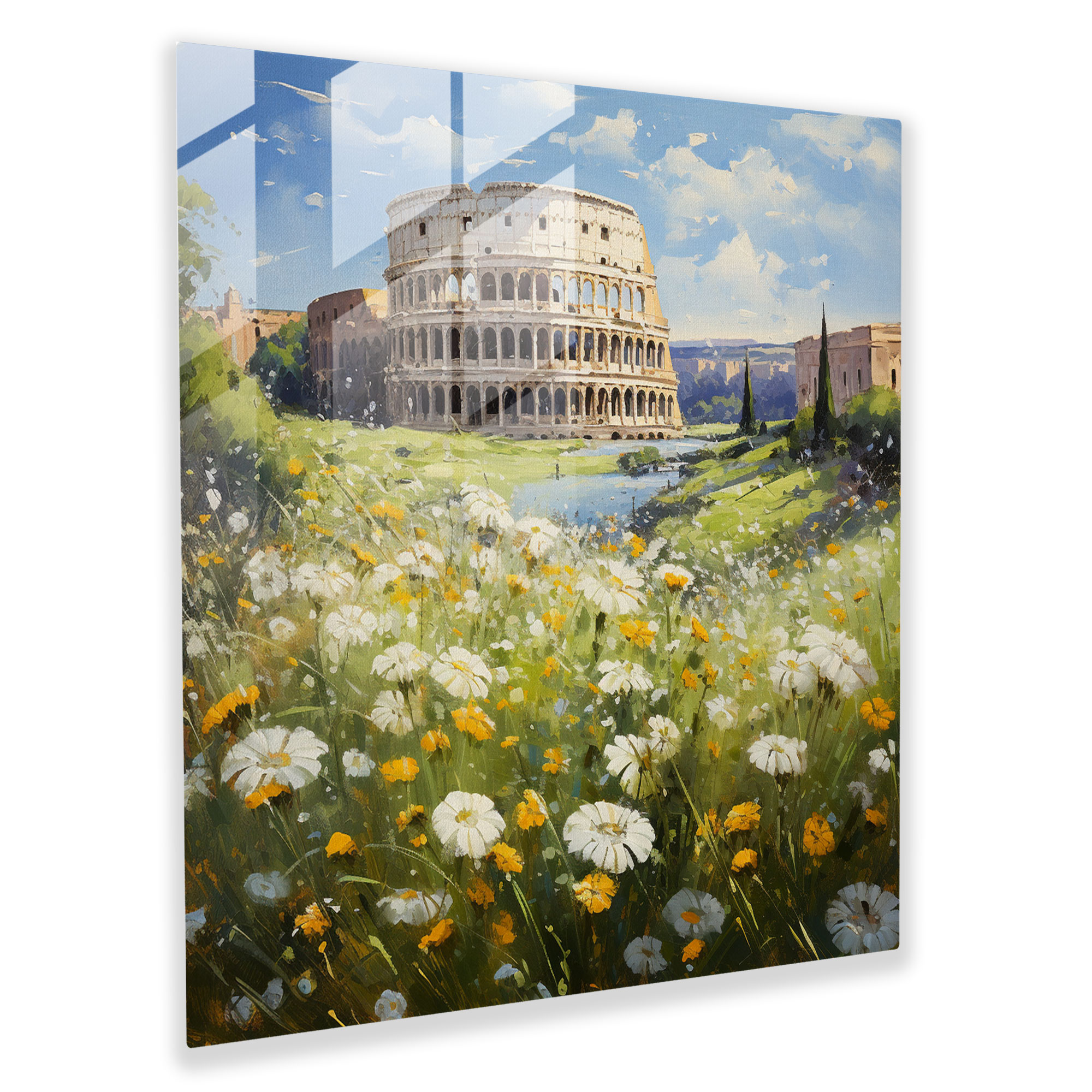 Serene Symphony Glass Print - Impressionist Oil Painting Roman Colosseum Wildflower Wall Decoration