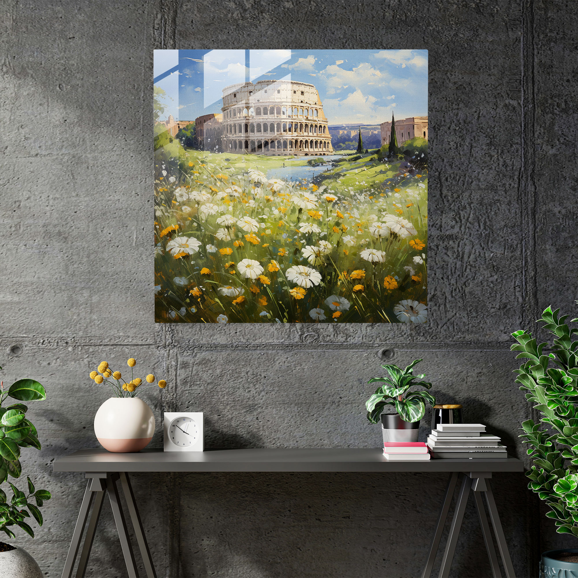 Serene Symphony Glass Print - Impressionist Oil Painting Roman Colosseum Wildflower Wall Decoration