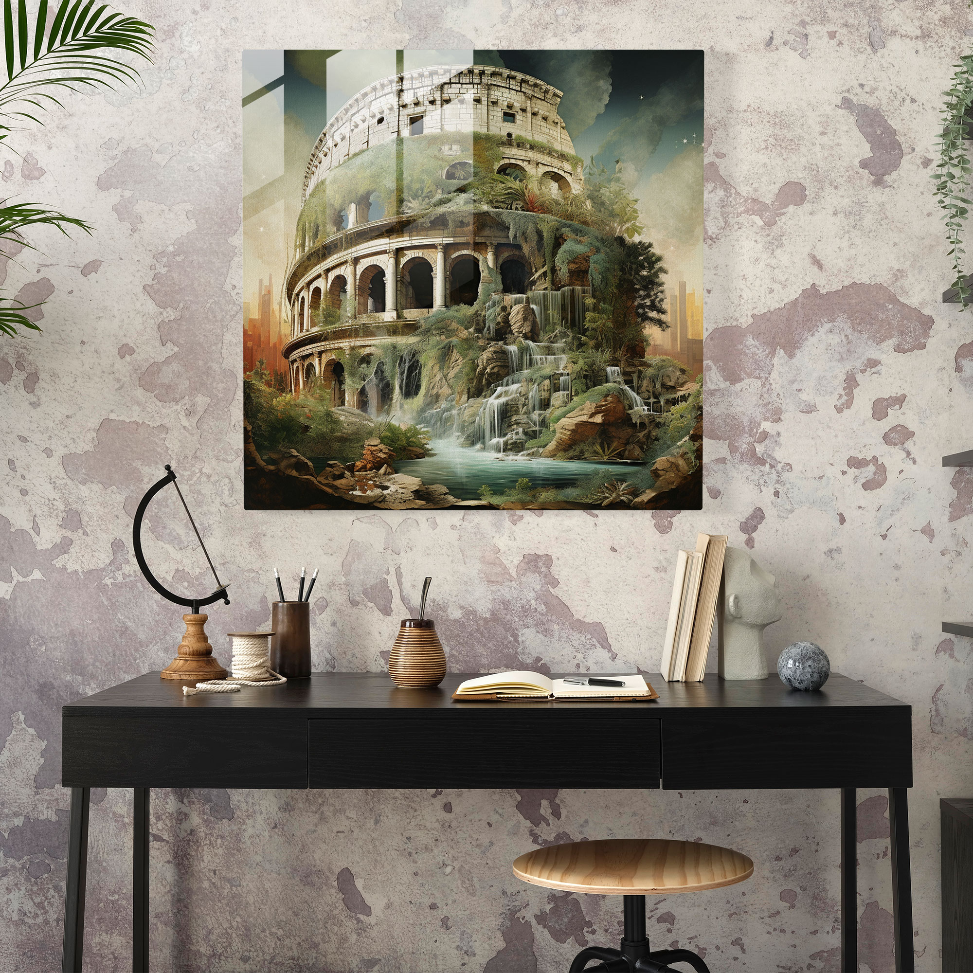 Enchanted Fusion Glass Print - Surreal Mixed-Media Roman Colosseum Nature Wall Art