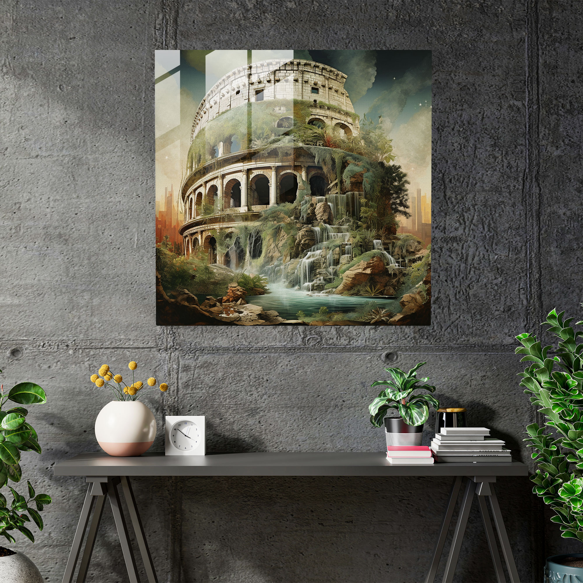 Enchanted Fusion Glass Print - Surreal Mixed-Media Roman Colosseum Nature Wall Art
