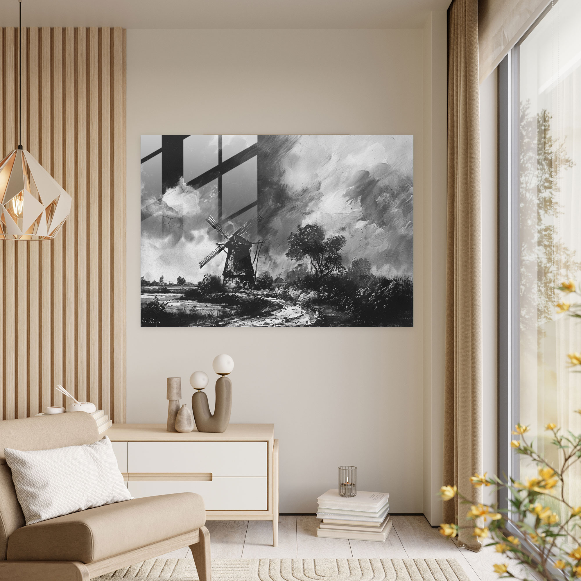 Rembrandt Home Decoration - Windmill Landscape - Rembrandt, Glass Art, Modern Art, Wall Decoration