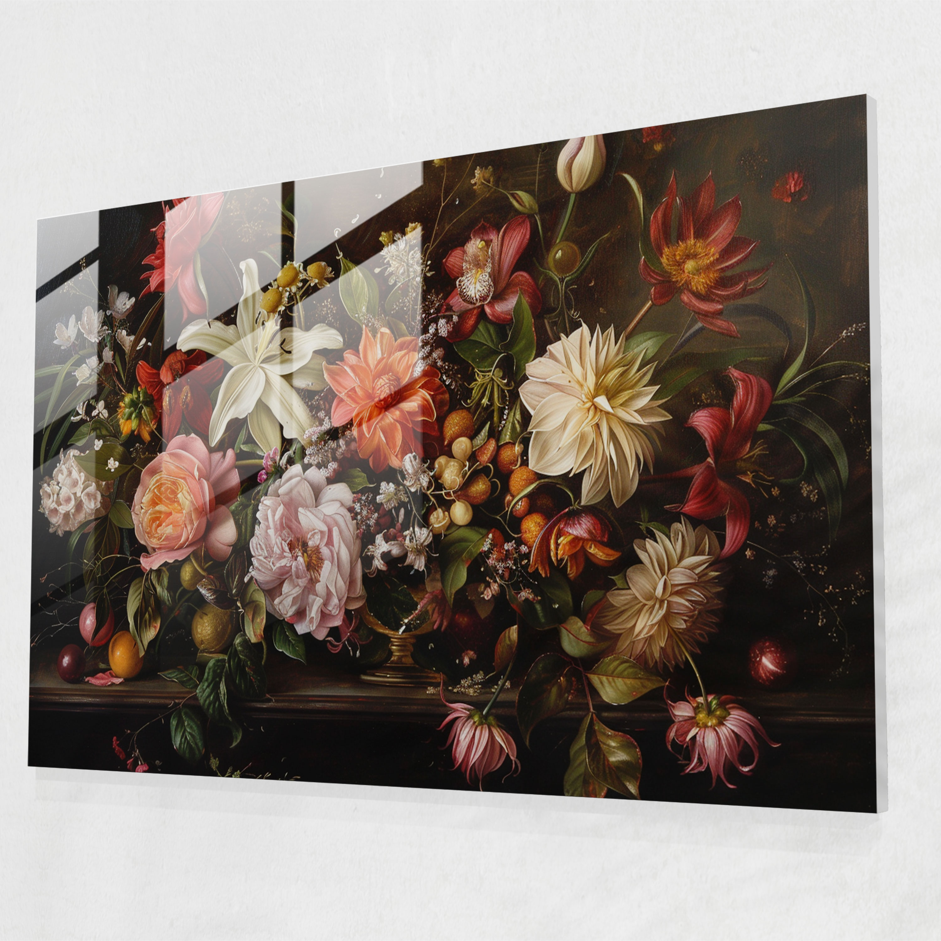 Rembrandt Glass Wall Art Floral Arrangement - Rembrandt, Rembrandt, Glass Wall Art, Subtle Lighting