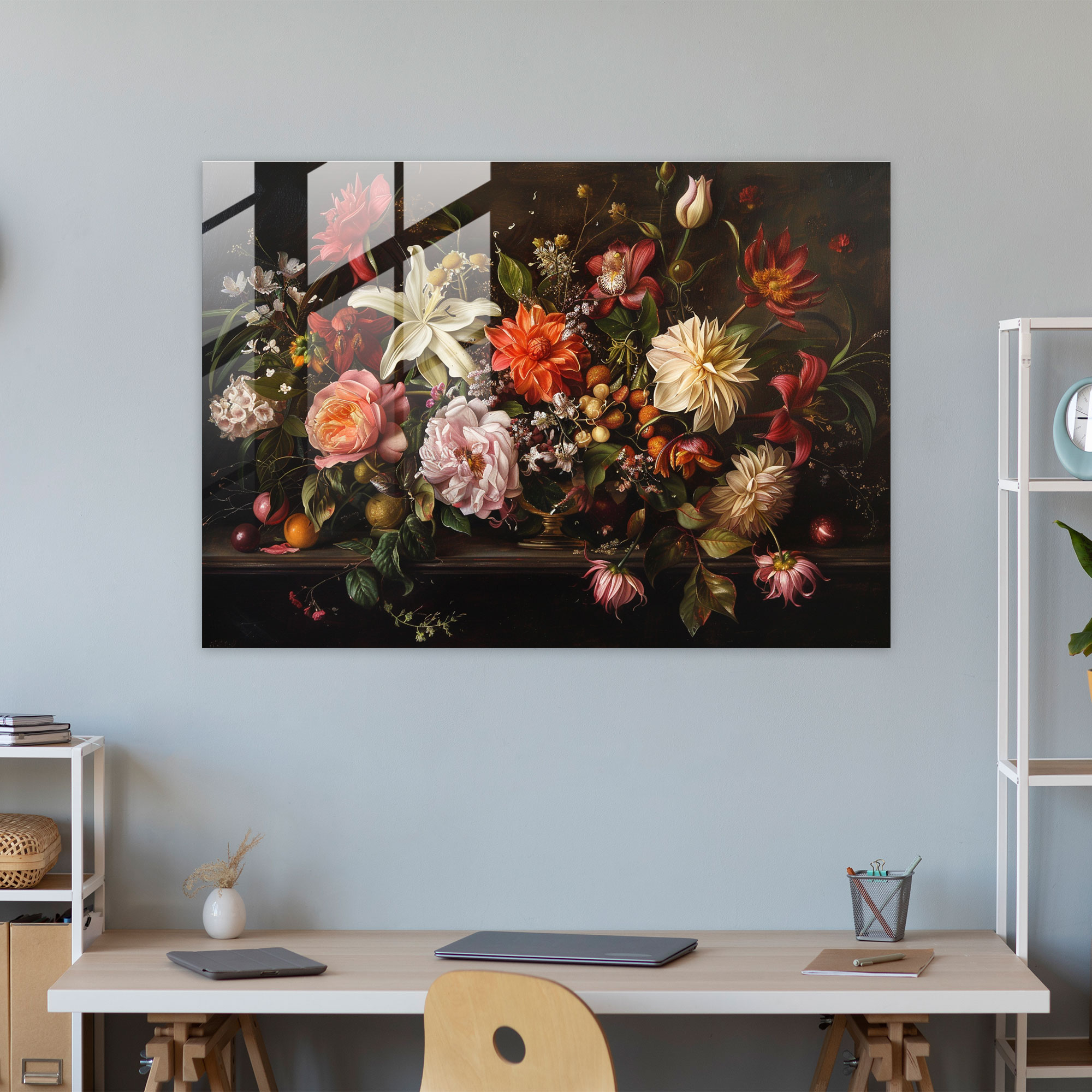 Rembrandt Glass Wall Art Floral Arrangement - Rembrandt, Rembrandt, Glass Wall Art, Subtle Lighting