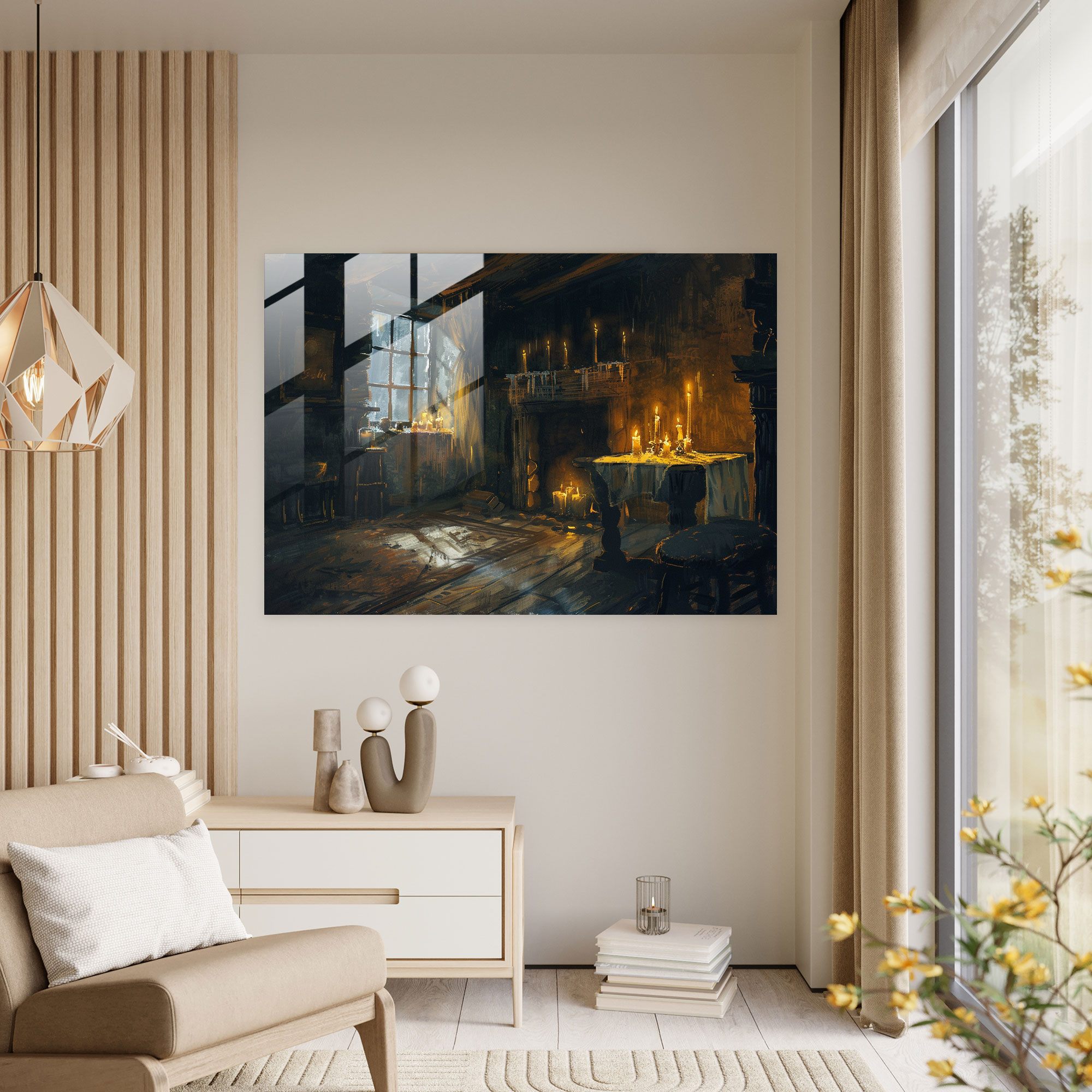 Rembrandt Glass Wall Art - Candlelit Interior Scene - Rembrandt, Modern Art, Home Decoration, Glass Wall Art